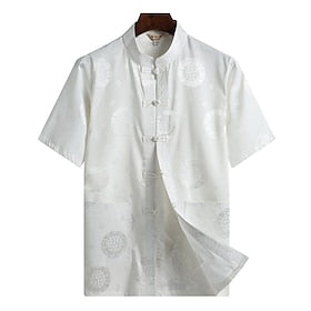 Homens Camisa Social camisa de verão Camisa casual camisa de praia Camisa Chinesa Branco Amarelo Vermelho Azul Manga Curta caractere chinês Colarinho Mandarim