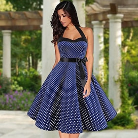 Polka Dots Retro Vintage 1950s Cocktail Dress Vintage Dress Dress Rockabilly Halter Flare Dress Knee Length Women's Polka Dot Homecoming Dress Summer