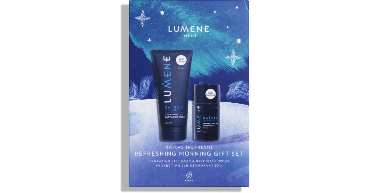 Lumene RAIKAS Refresh Body Gavesett for menn 2 i 1 dusjgelé og sjampo for menn 200ml + 24 timers solid deodorant 60g