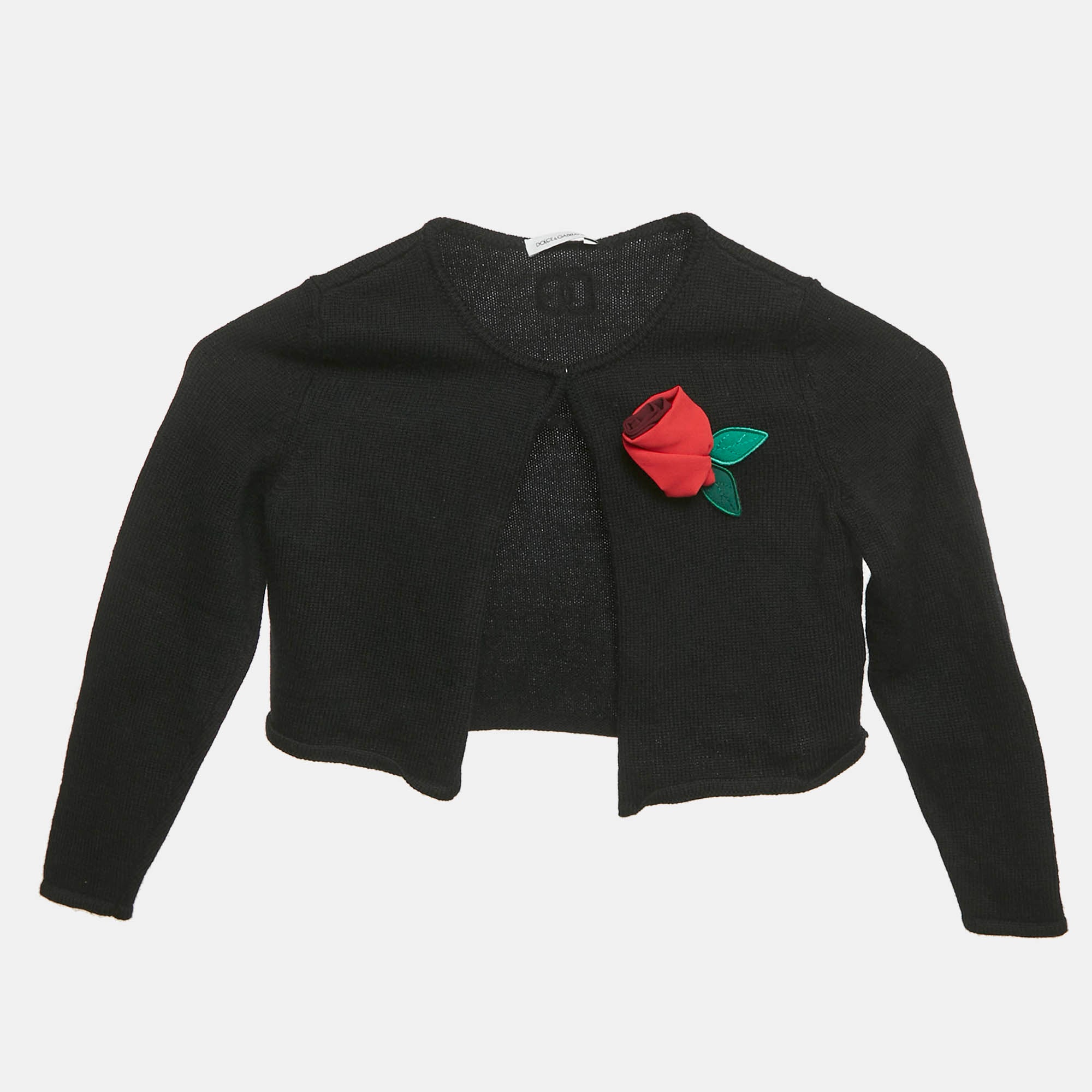 Dolce & Gabbana Kids Black Rose Applique Knit Cardigan 4 Yrs