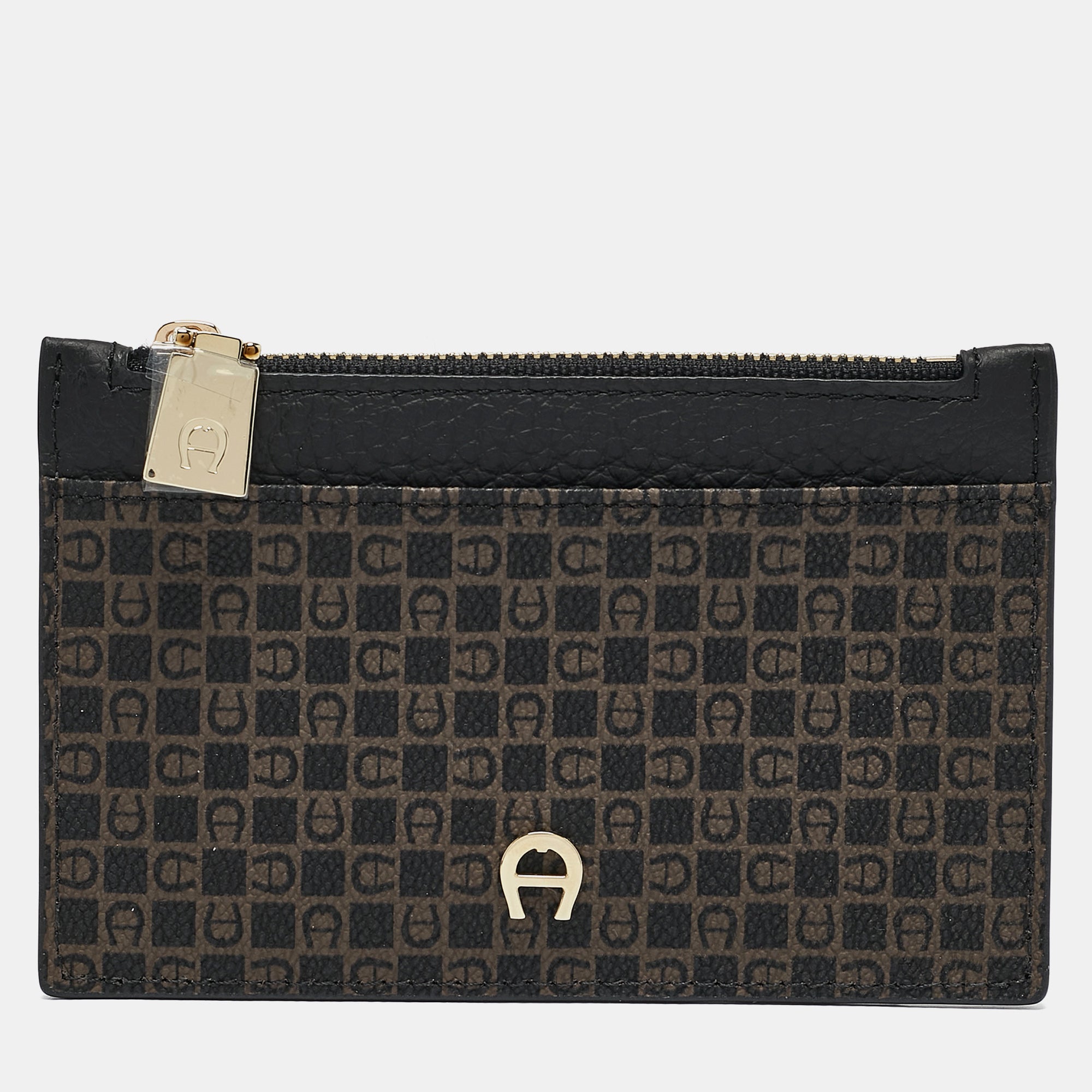 Aigner Black Monogram Coated Canvas and Leather Daniele Zip Card Holder