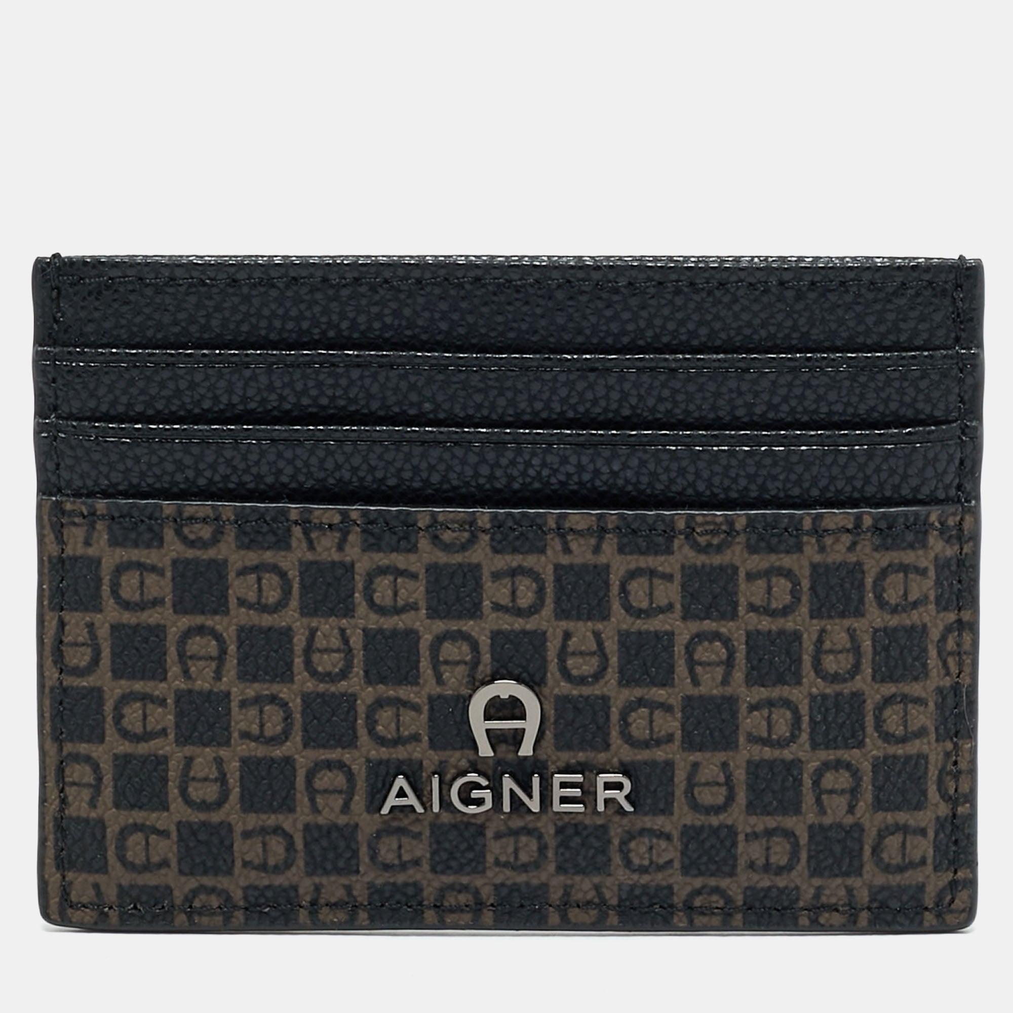 Aigner Black-Brown Monogram Coated Canvas and Leather Card Holder