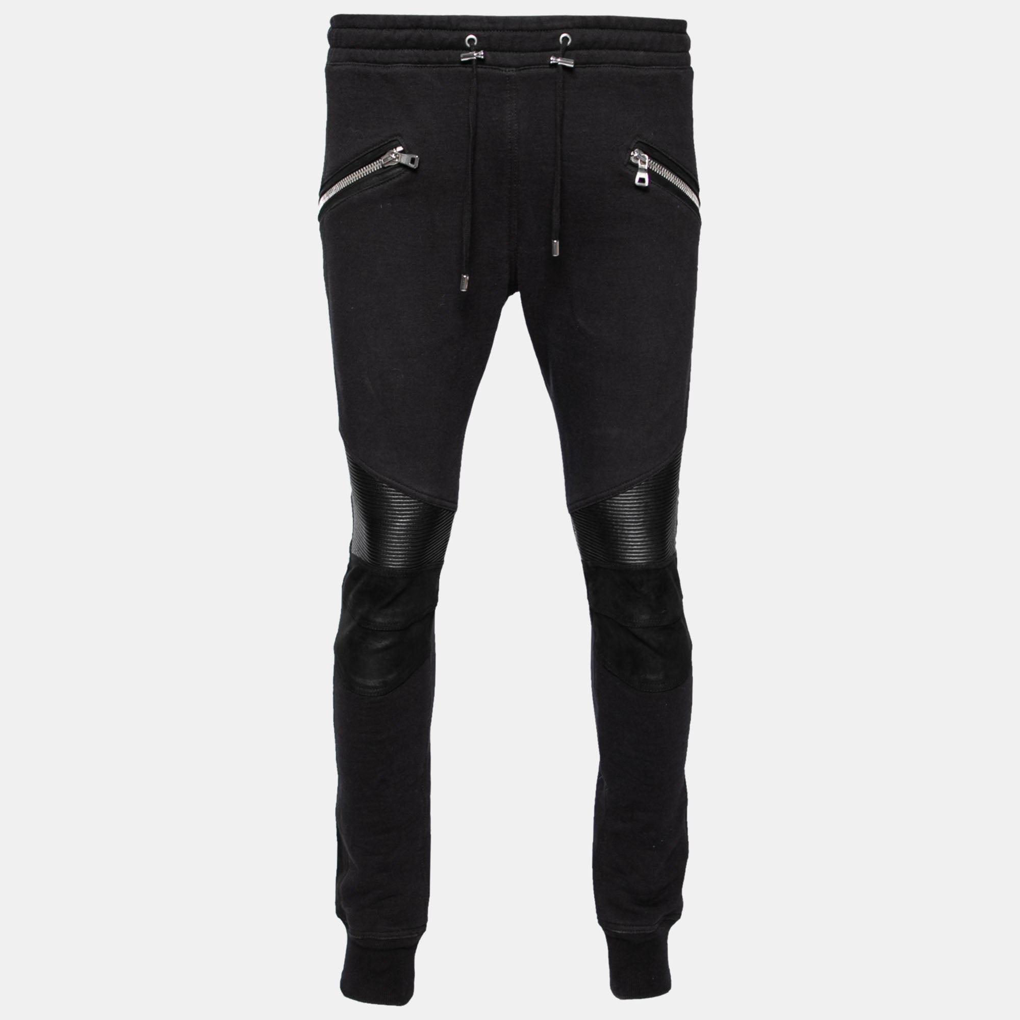 Balmain Black Cotton Rib Paneled Biker Track Pants L