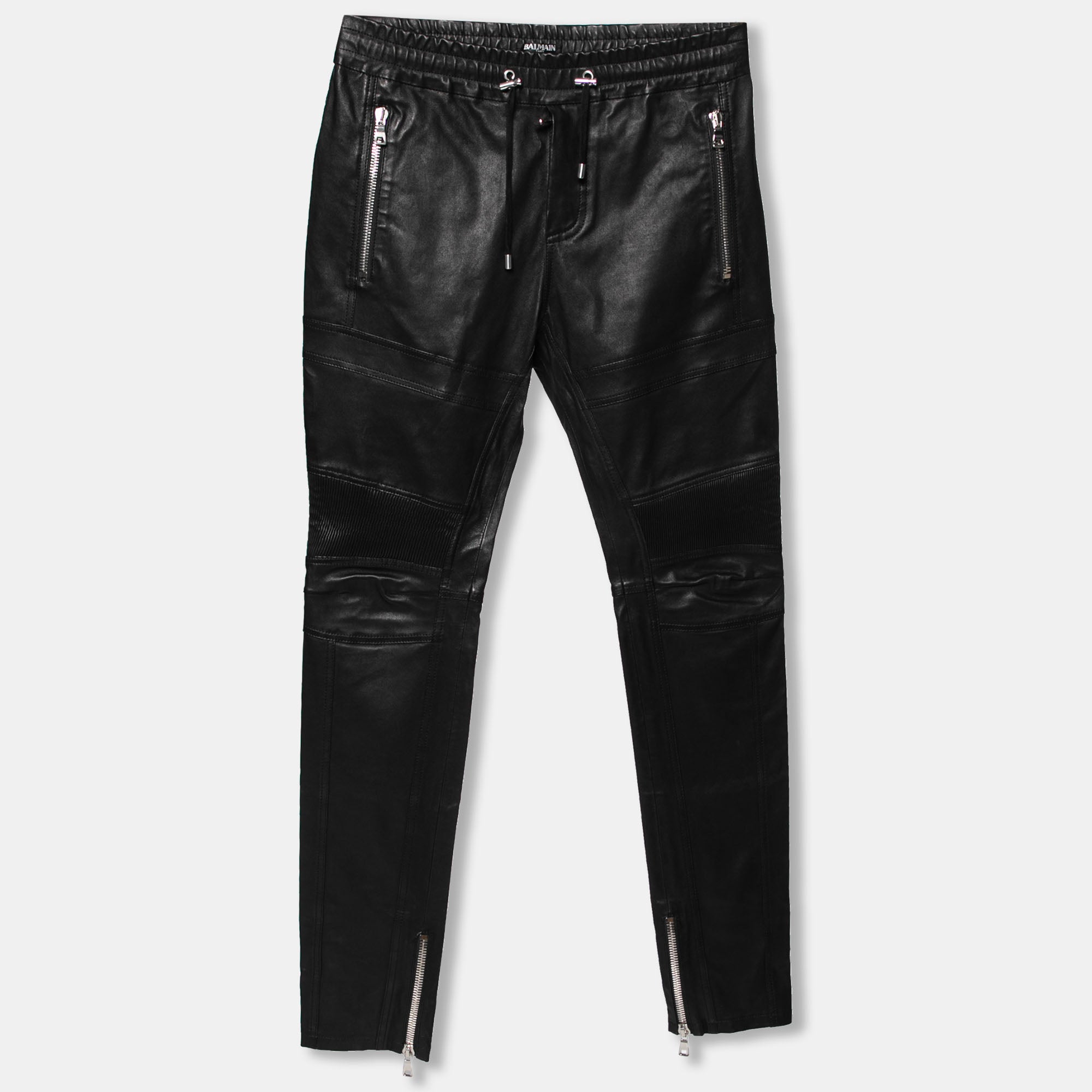 Balmain Black Lamb Leather Biker Trousers L