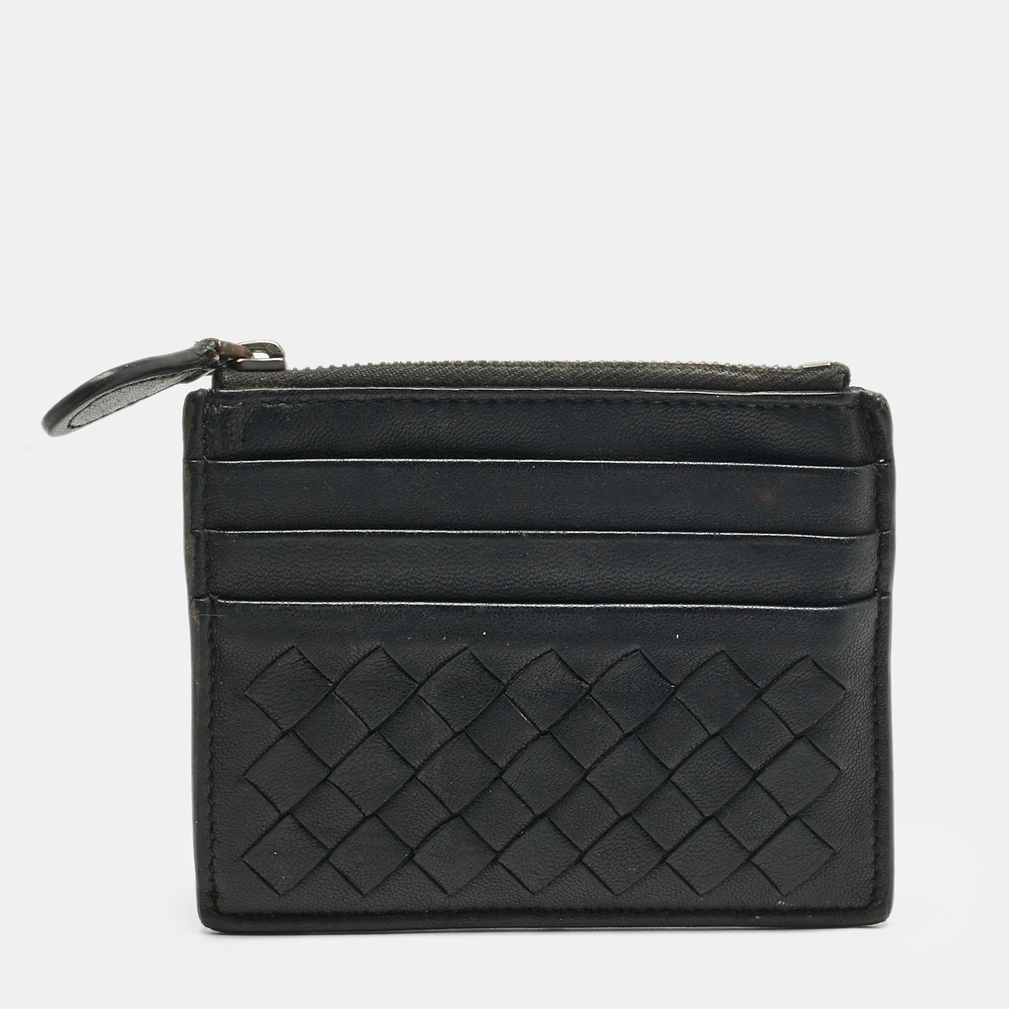 Bottega Veneta Black Intrecciato Leather Zip Card Holder