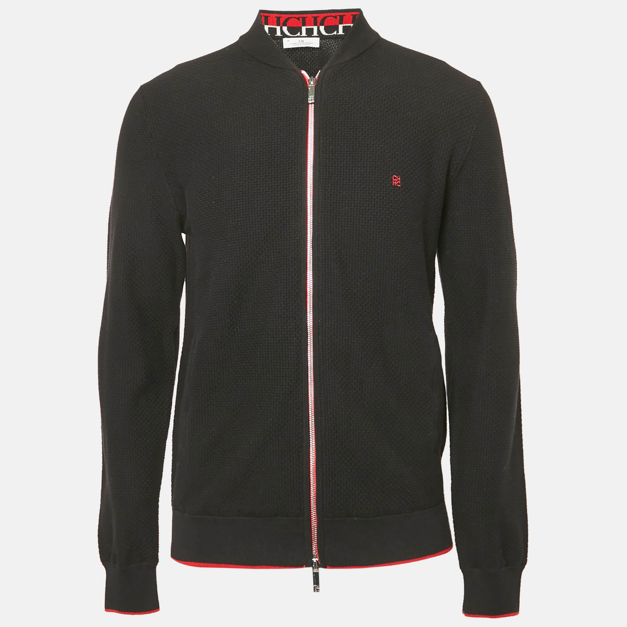 CH Carolina Herrera Black Combed Cotton Zip-Up Cardigan M