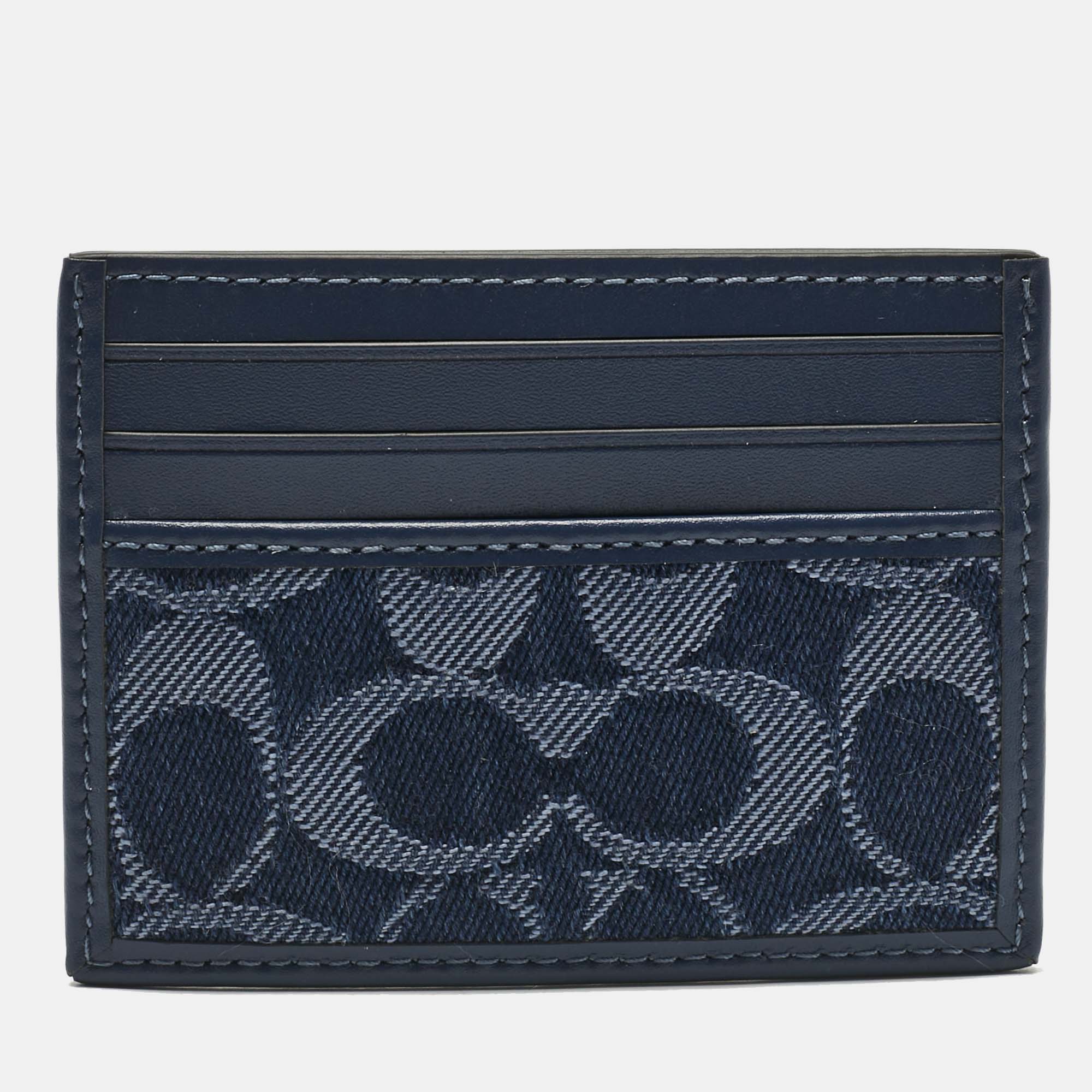 Coach Navy Blue Signature Denim and Leather Card Holder
