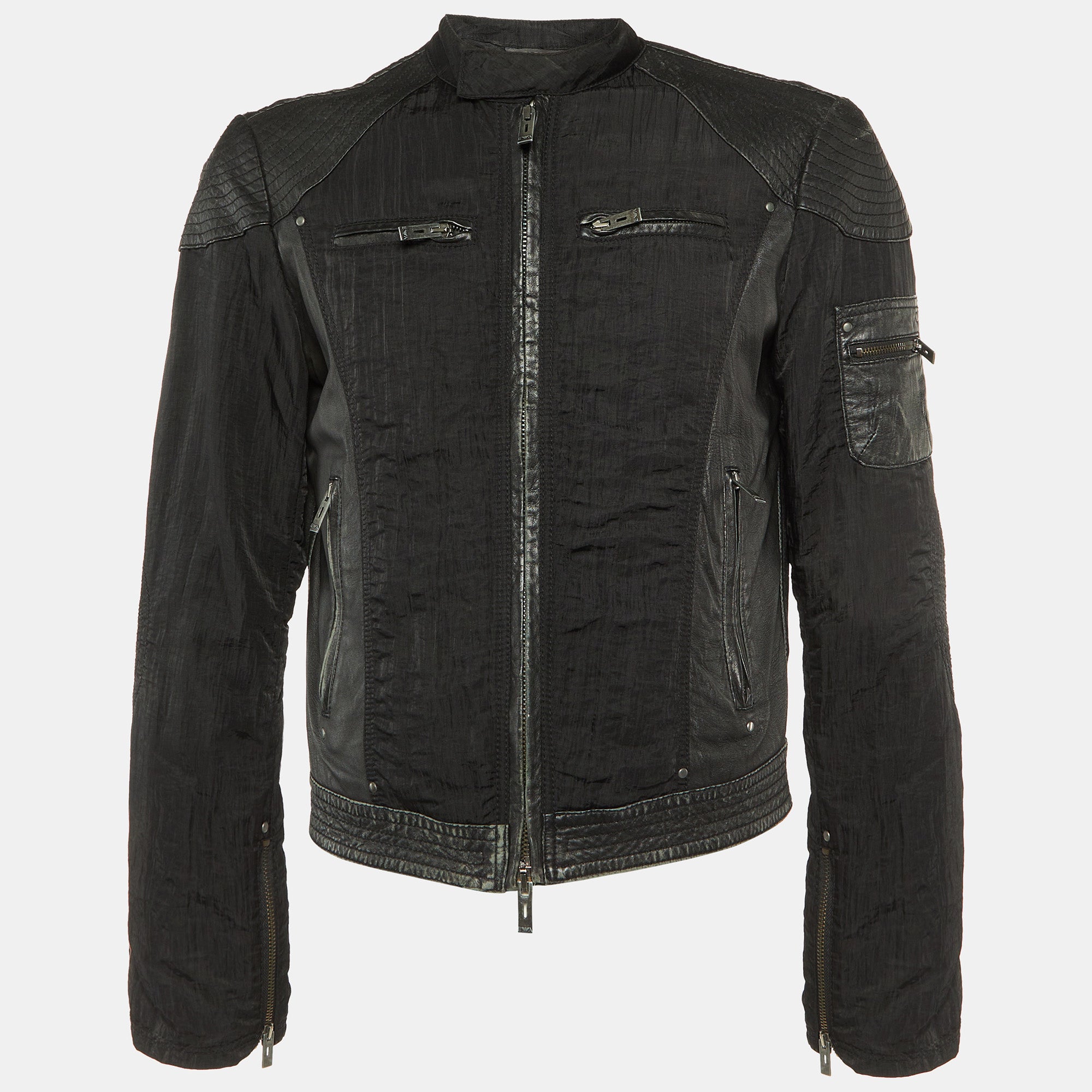 Emporio Armani Misura Black Leather & Nylon Paneled Biker Jacket M