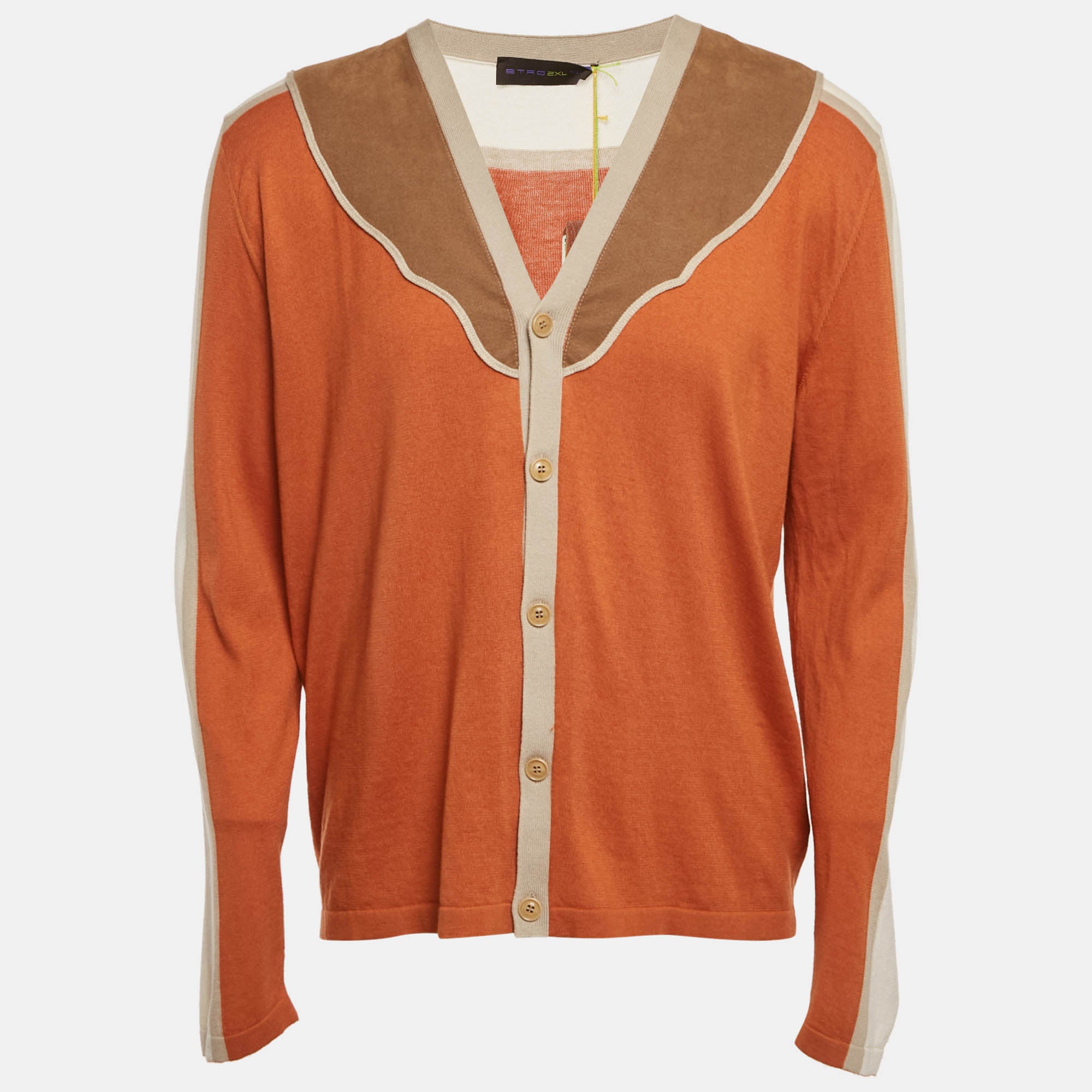 Etro Orange Faux Suede Trim Knit Cardigan XXL