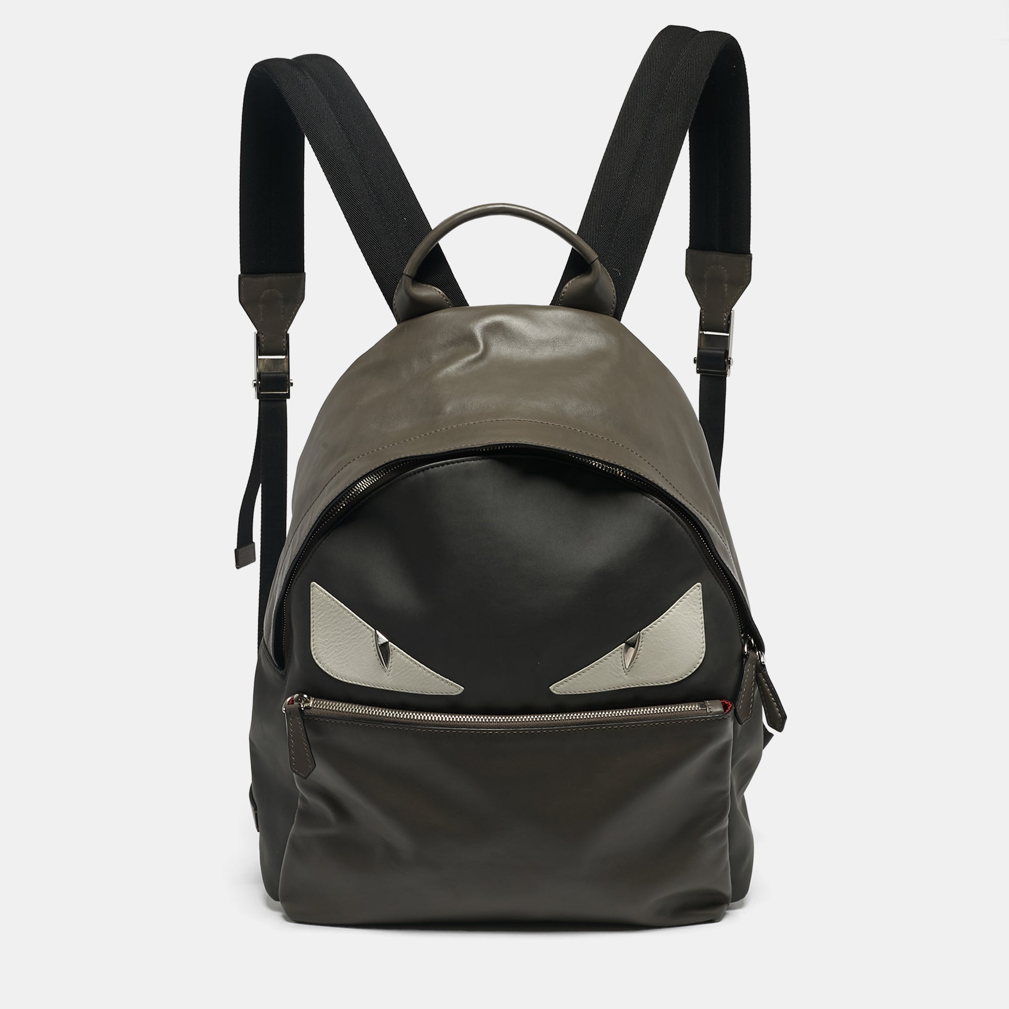 Fendi Grey-Black Leather and Nylon Dolce Monster Eyes Rounded Backpack