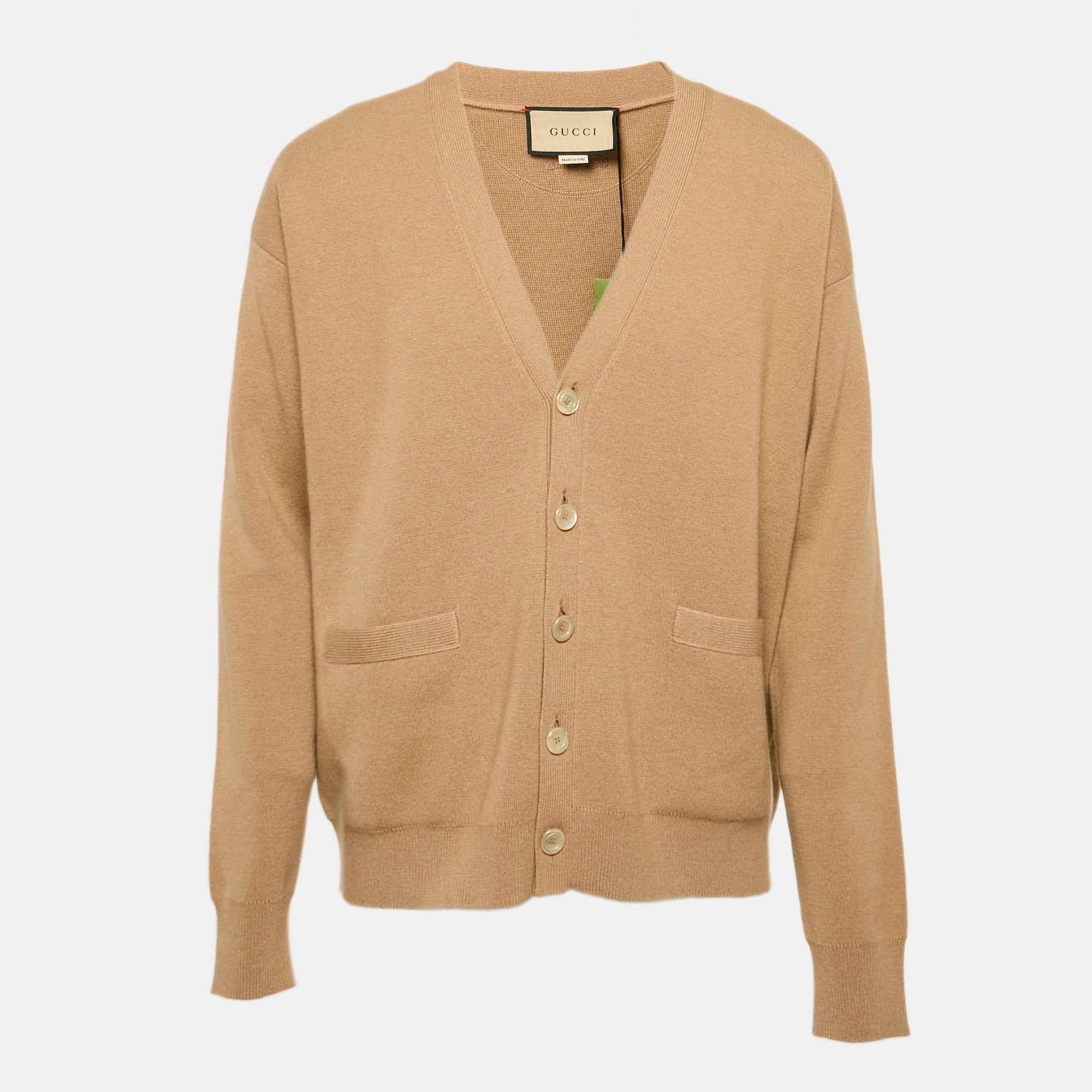 Gucci Camel Brown Cashmere Knit Button Front Cardigan M