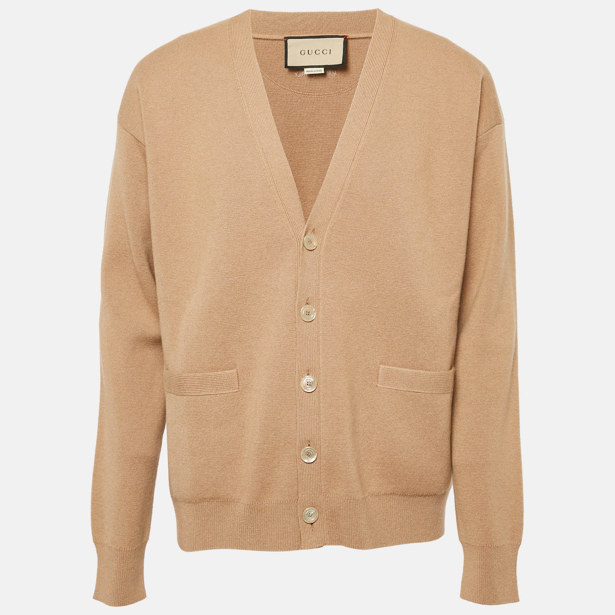 Gucci Camel Brown Cashmere Knit Button Front Cardigan M
