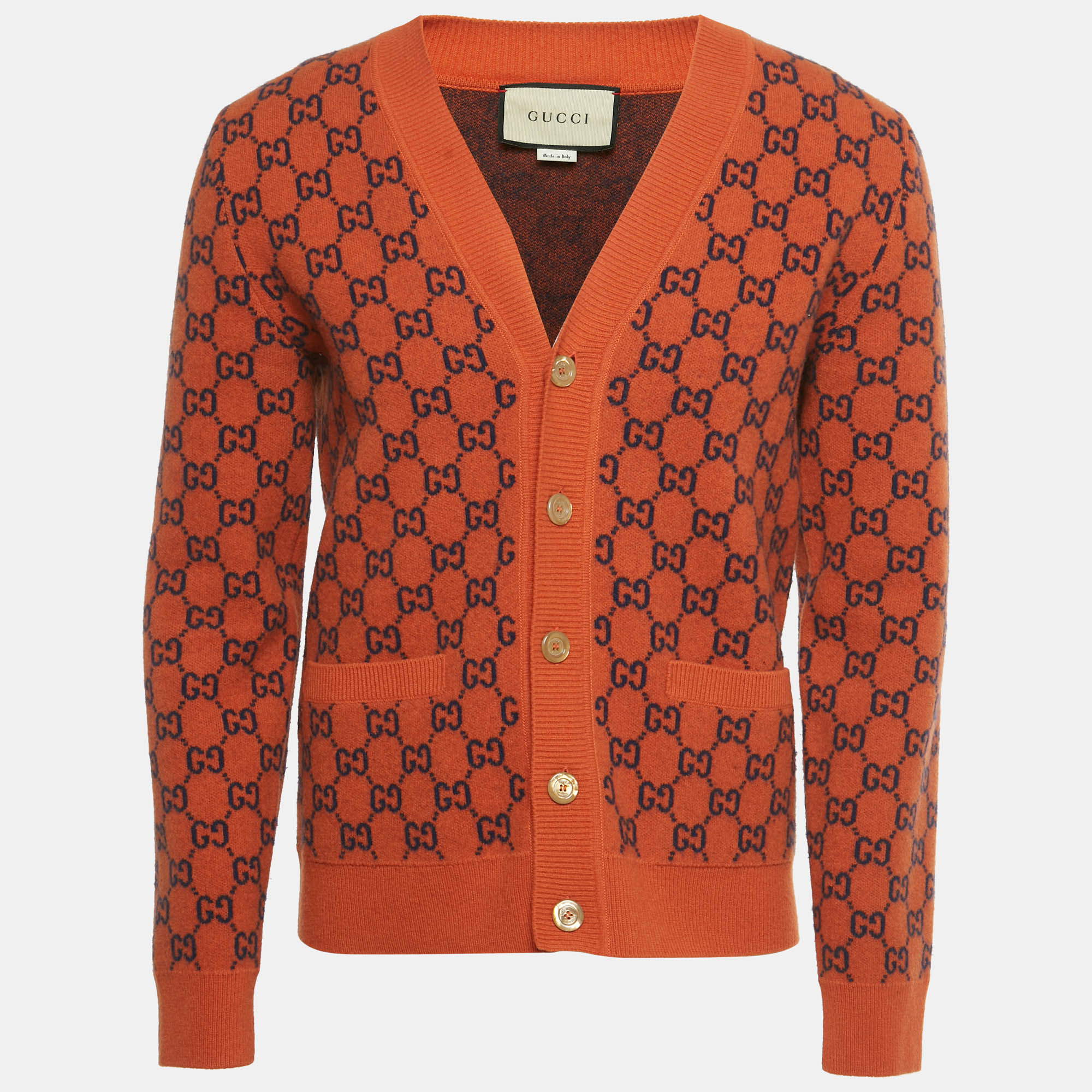 Gucci Orange GG Jacquard Wool Cardigan S