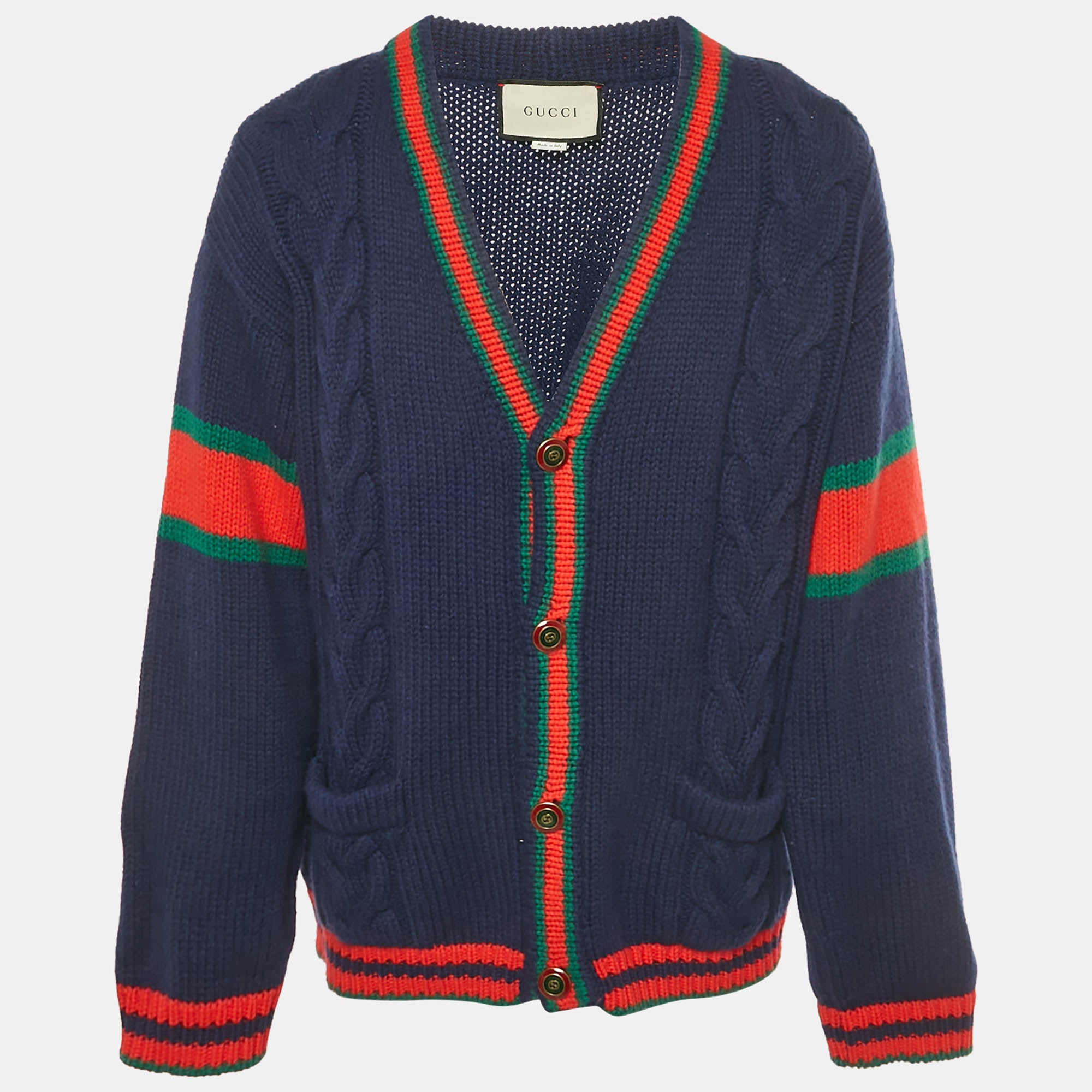 Gucci Navy Blue Web Intarsia Cable Knit Cardigan XL