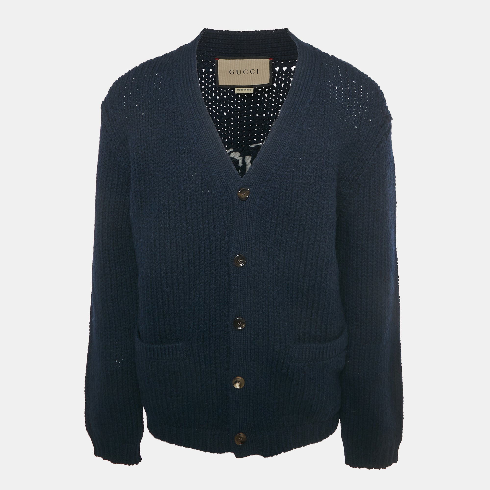 Gucci Navy Blue Logo Intarsia Cable Knit Cardigan L