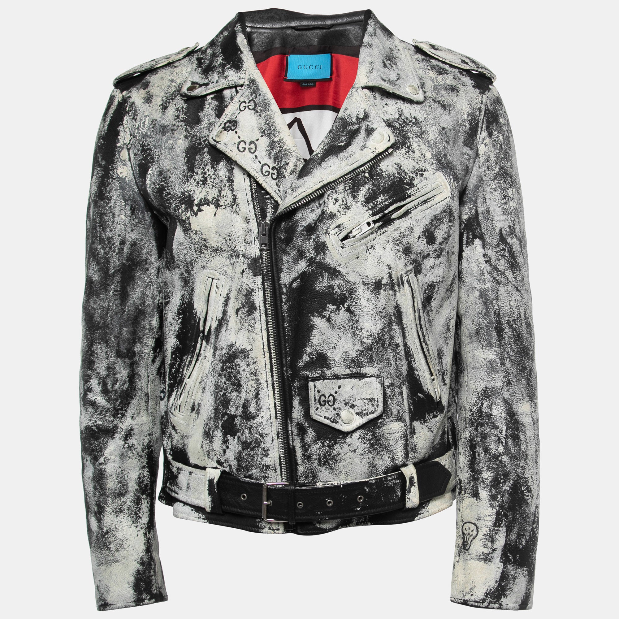 Gucci White-Black Hand Painted Leather Patch Detail Biker Jacket M