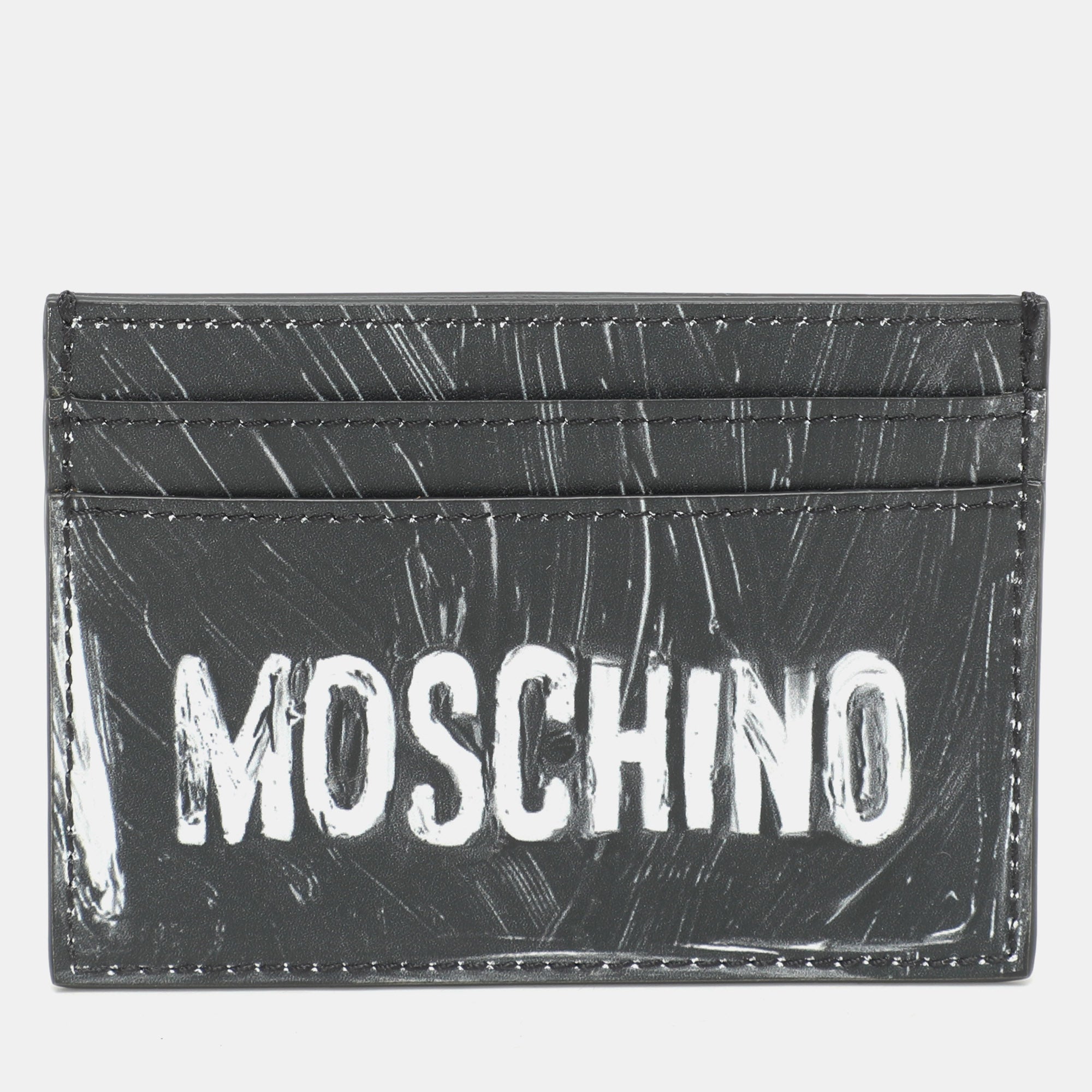 Moschino Grey Leather Logo Print Card Holder