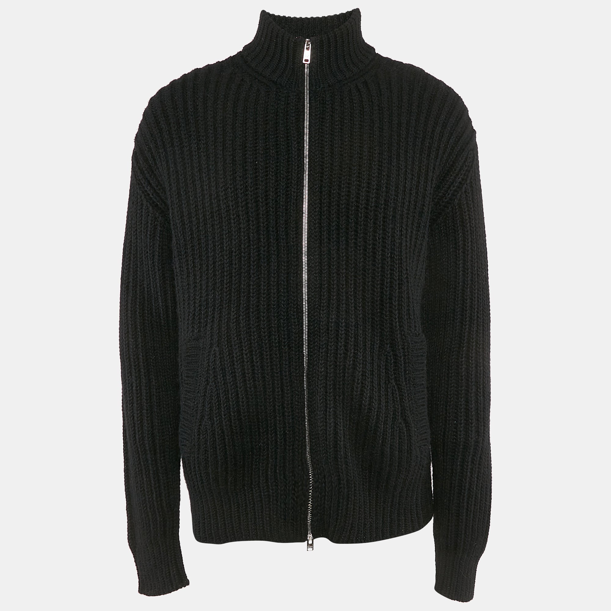 Prada Black Rib Knit Zip-Up Cardigan L