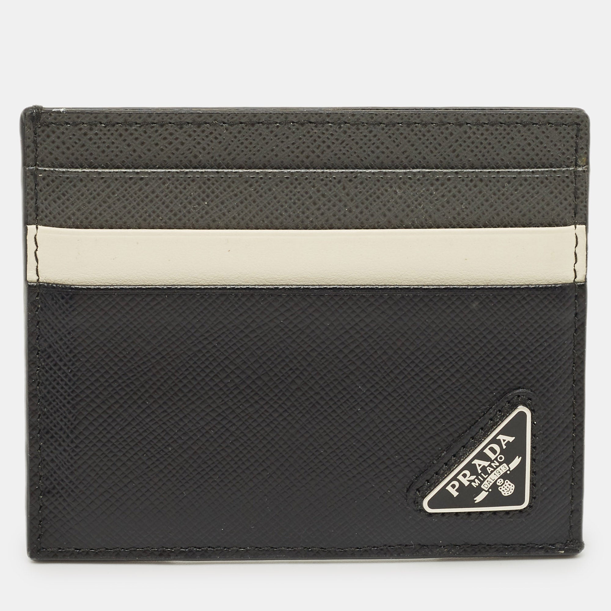 Prada Black-White Saffiano Metal Leather Logo Card Holder