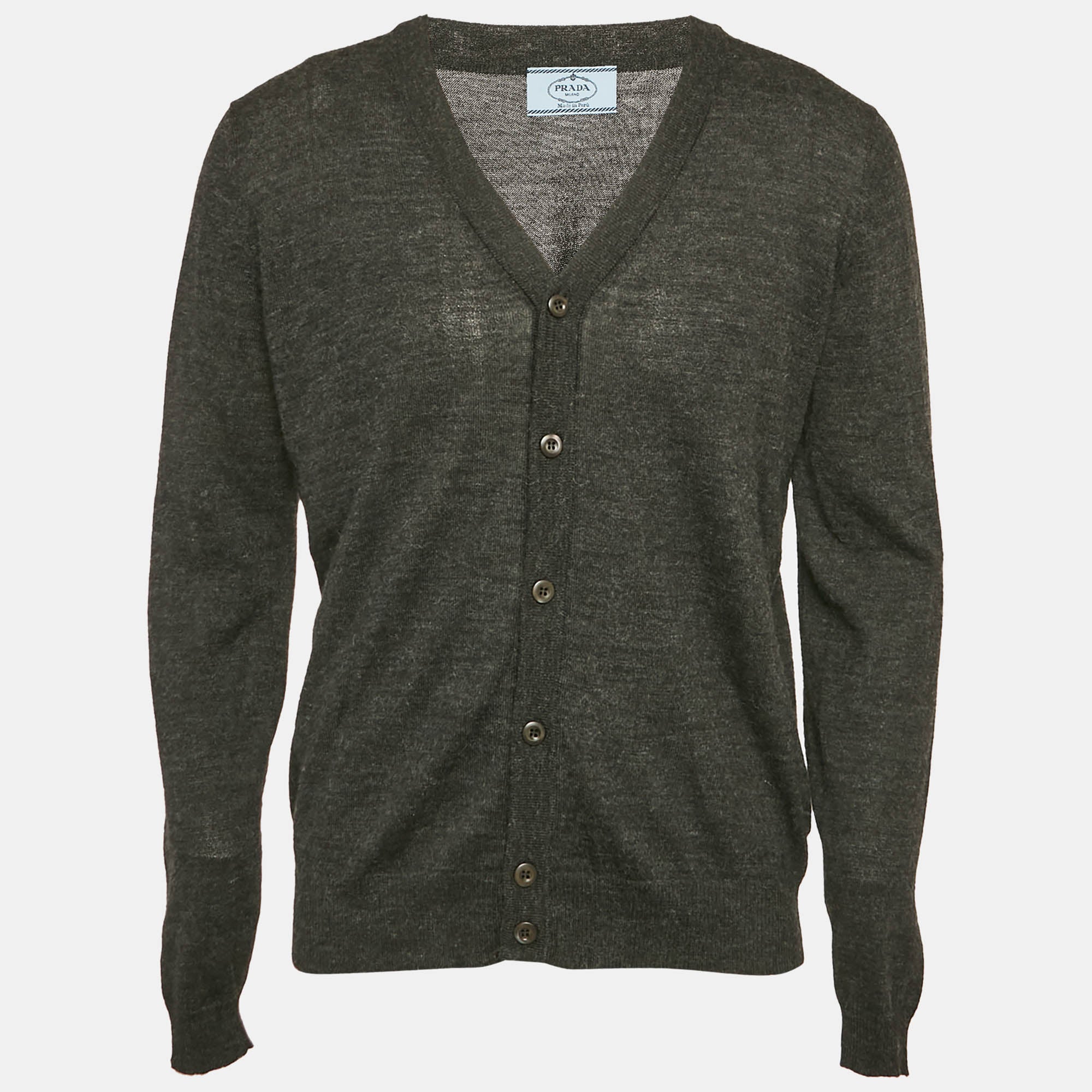Prada Charcoal Grey Alpaca Wool Button Front Cardigan L