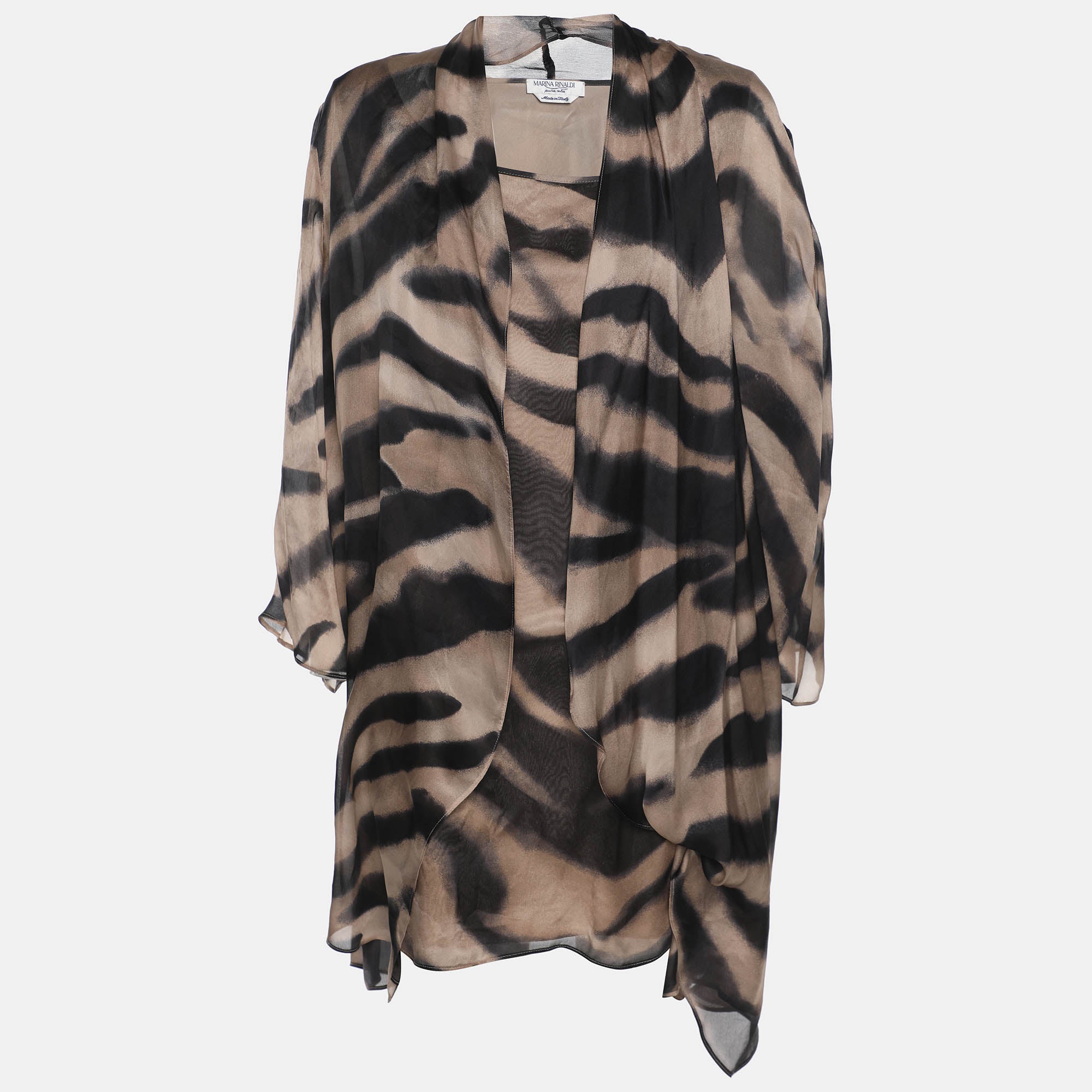 Marina Rinaldi Beige Zebra Print Chiffon Twinset Cardigan L