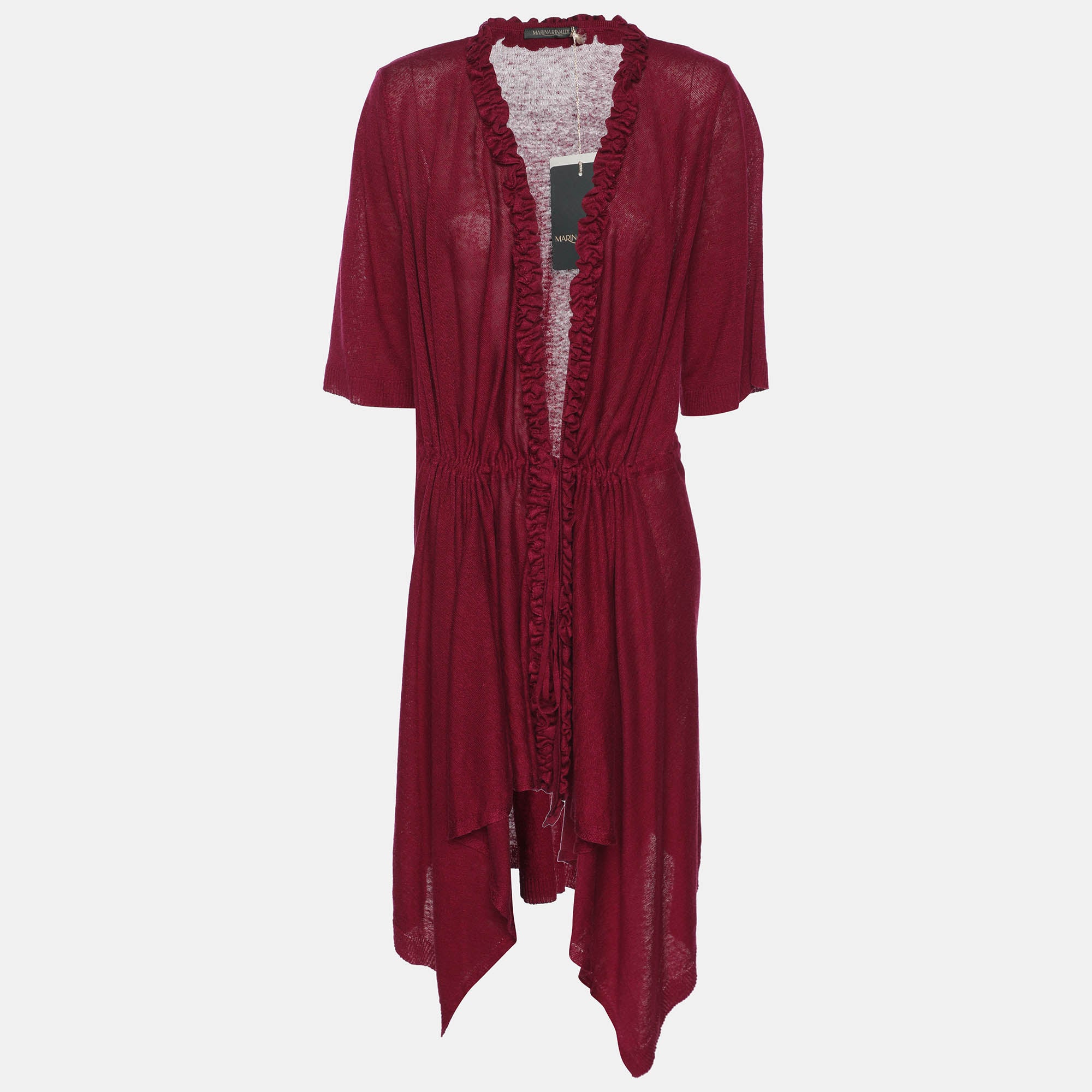 Marina Rinaldi Burgundy Stretch Knit Ruffle Edge Drawstring Cardigan L