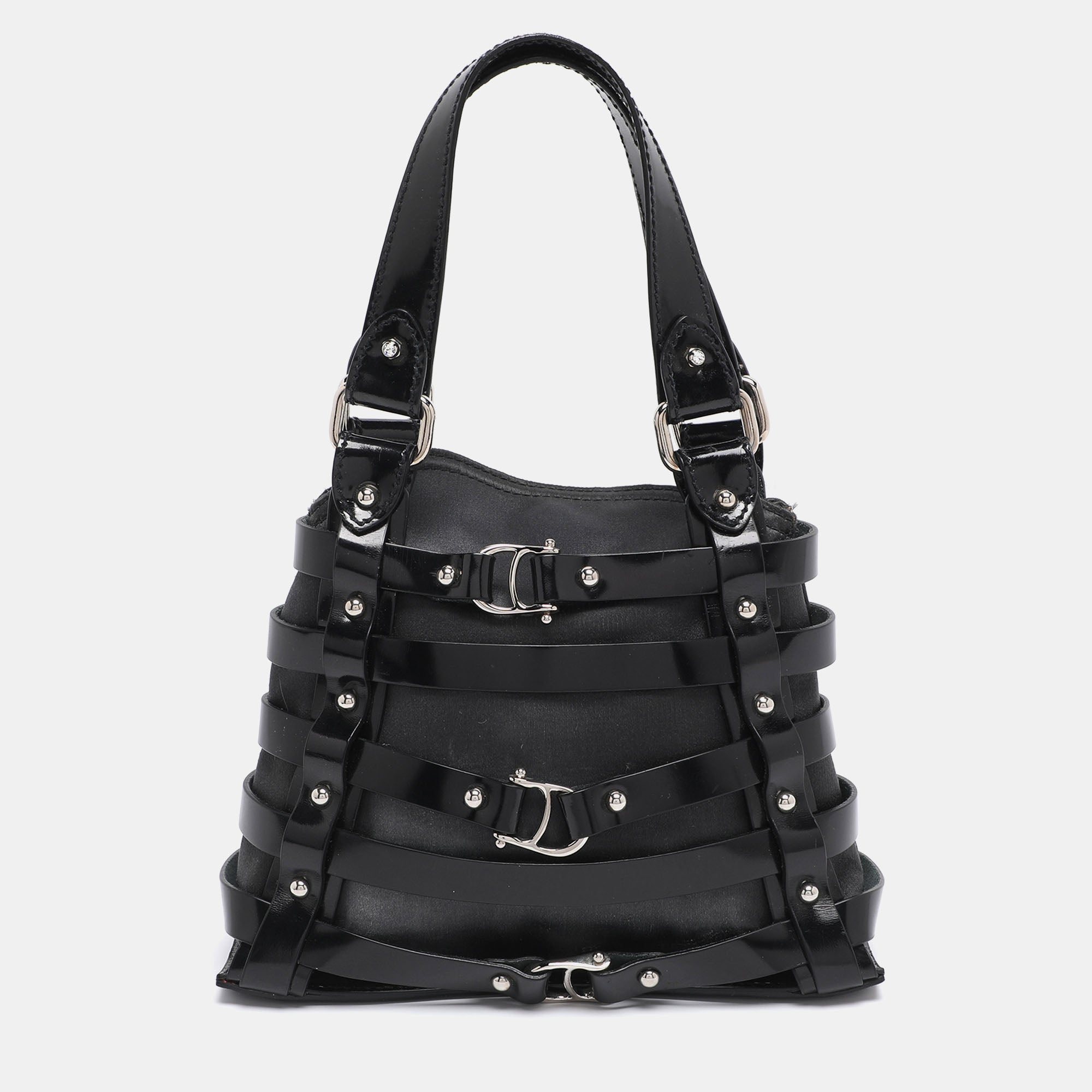 Aigner Black Satin and Leather Caged Tote