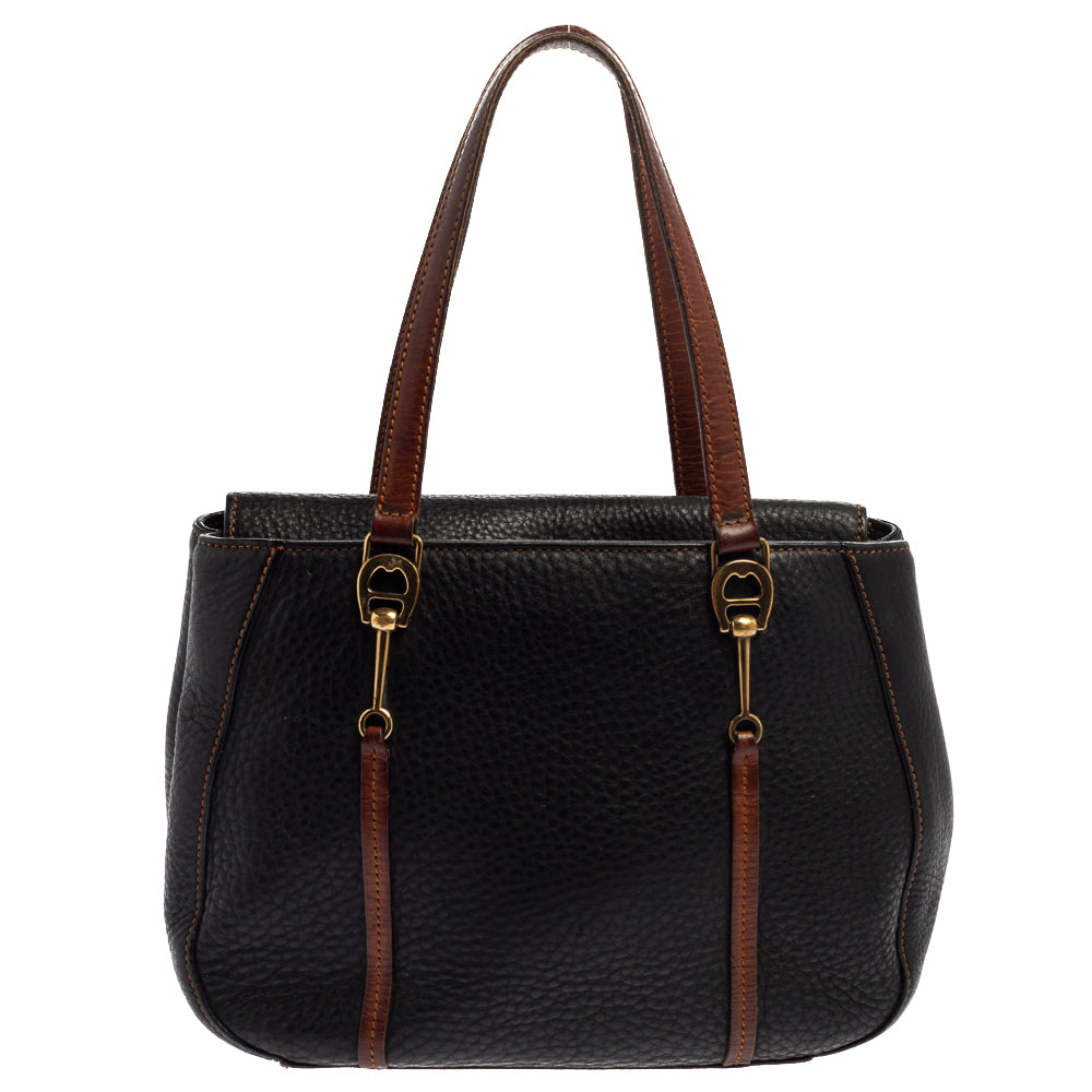 Aigner Black-Brown Grained Leather Logo Metal Handle Tote