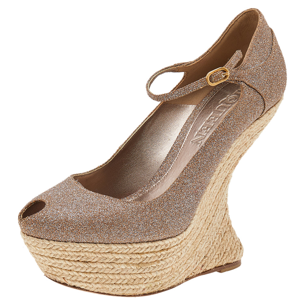 Alexander McQueen Brown Glitter Ankle Strap Wedge Sandals Size 37