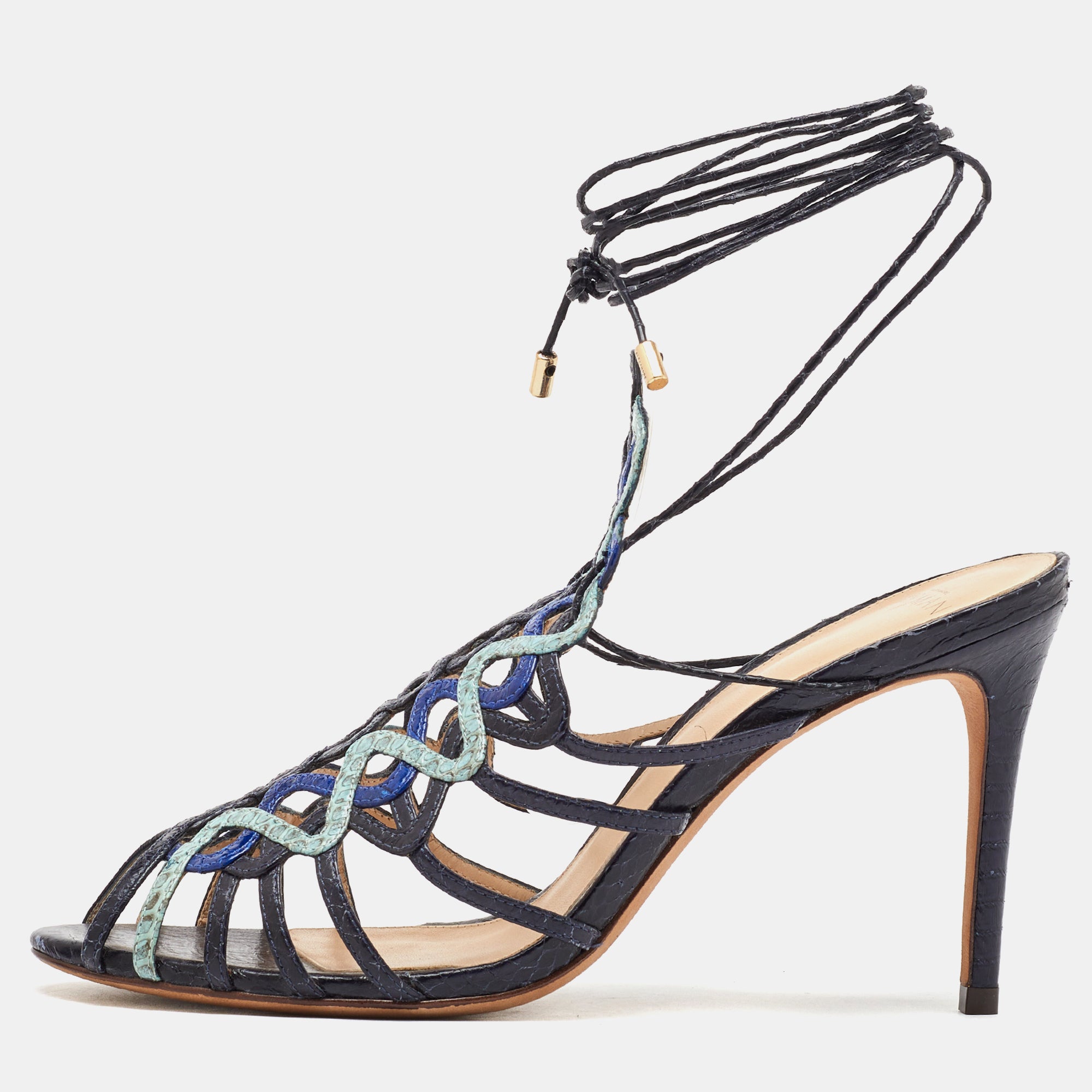 Alexandre Birman Multicolor Snakeskin Caged Ankle Wrap Sandals Size 39.5