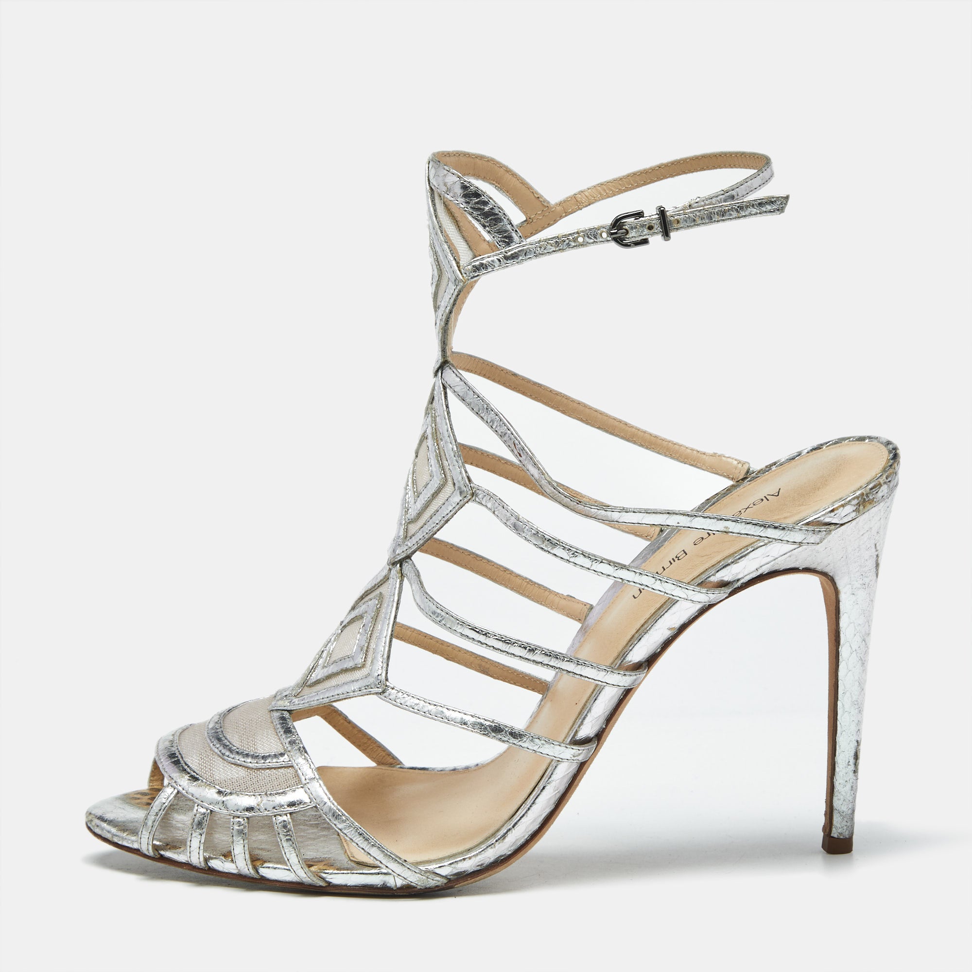 Alexandre Birman Silver Snakeskin Embossed Leather Caged Ankle Wrap Sandals Size 41