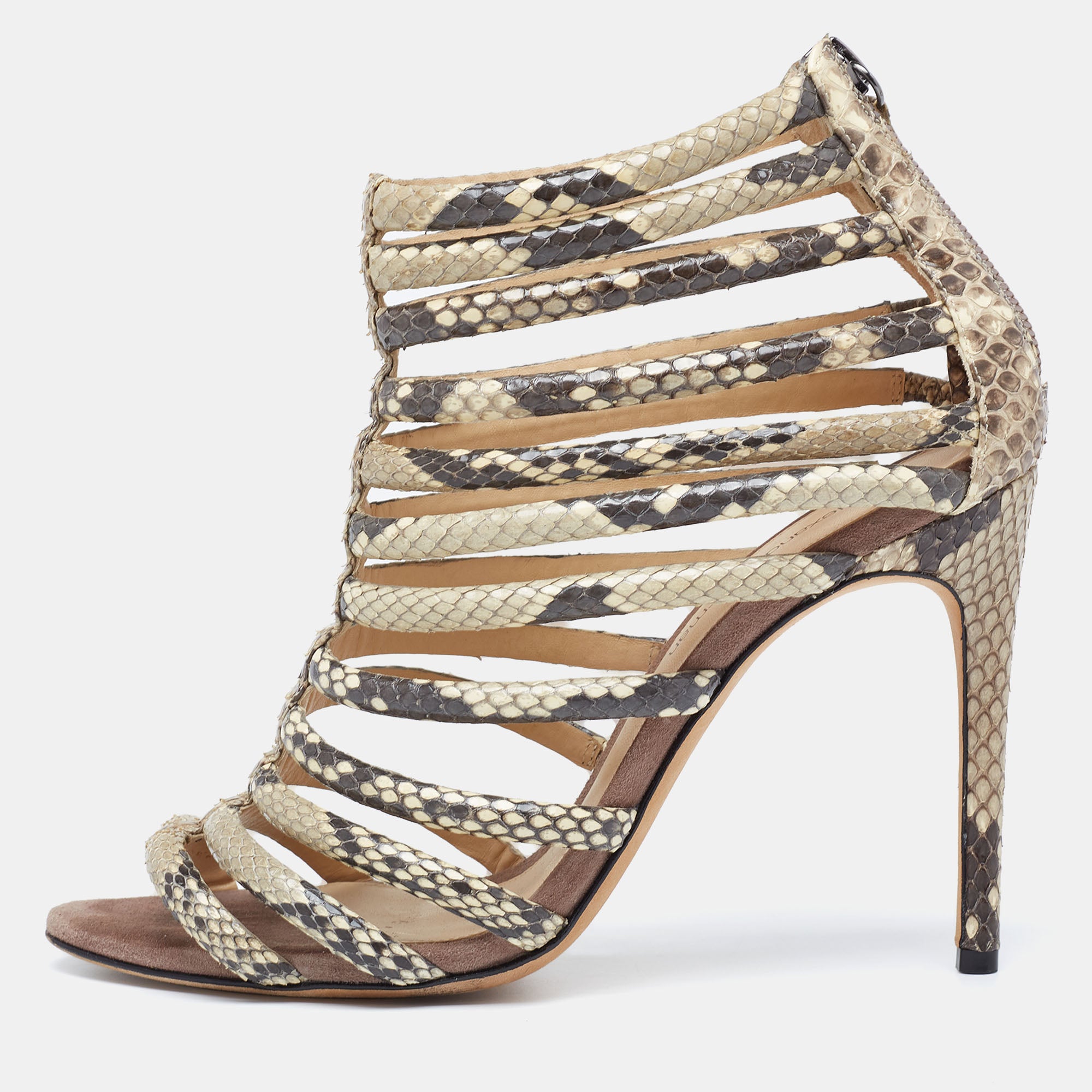 Alexandre Birman Brown-Beige Python Embossed Leather Caged Zipper Sandals Size 37