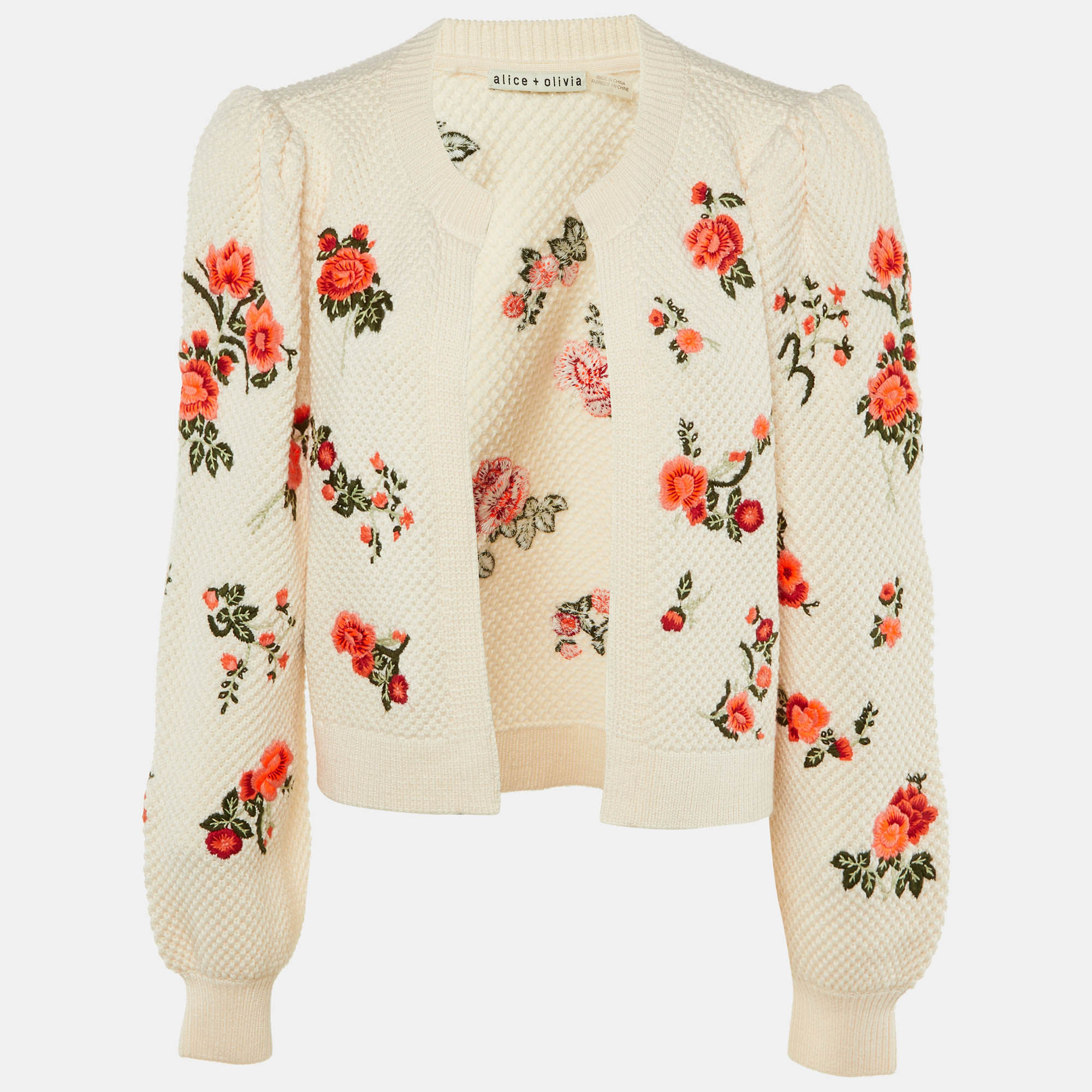 Alice + Olivia Cream Floral Intarsia Wool Puff Sleeve Kitty Cardigan L