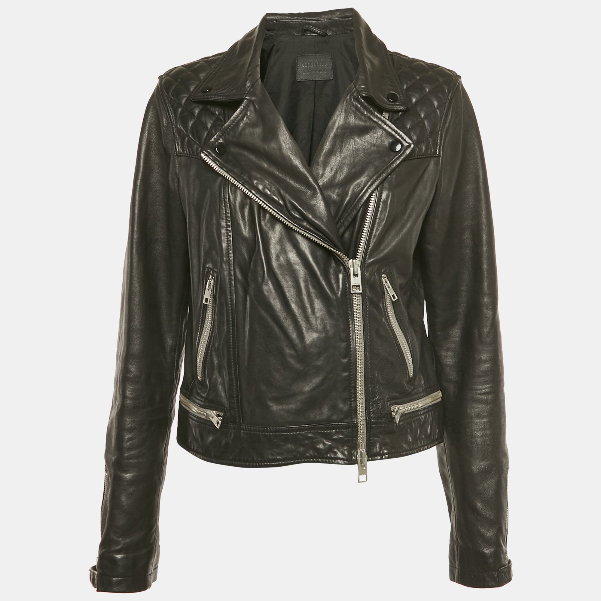 All Saints Black Leather Conroy Biker Jacket L