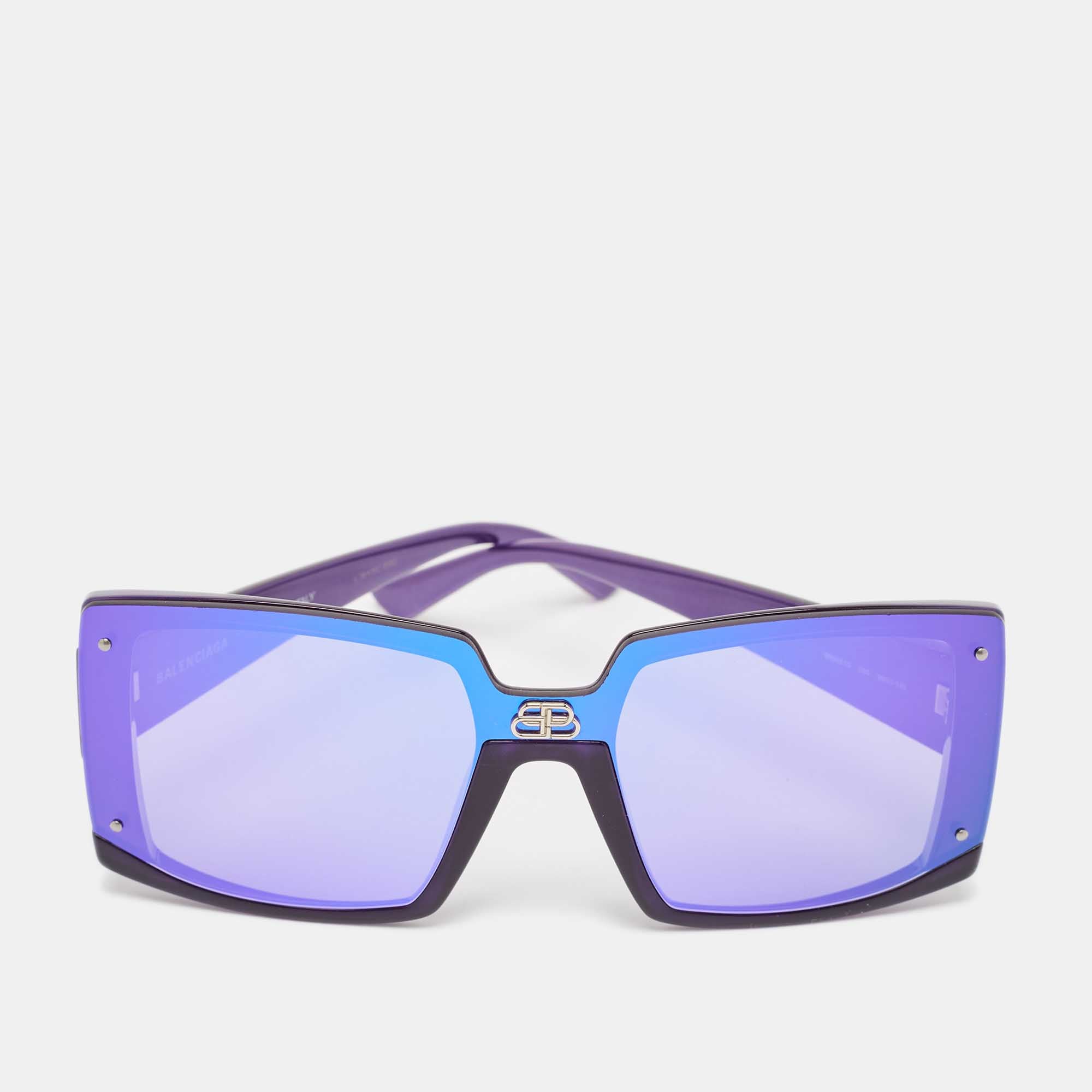 Balenciaga Purple Mirrored BB0081S Squared Sunglasses