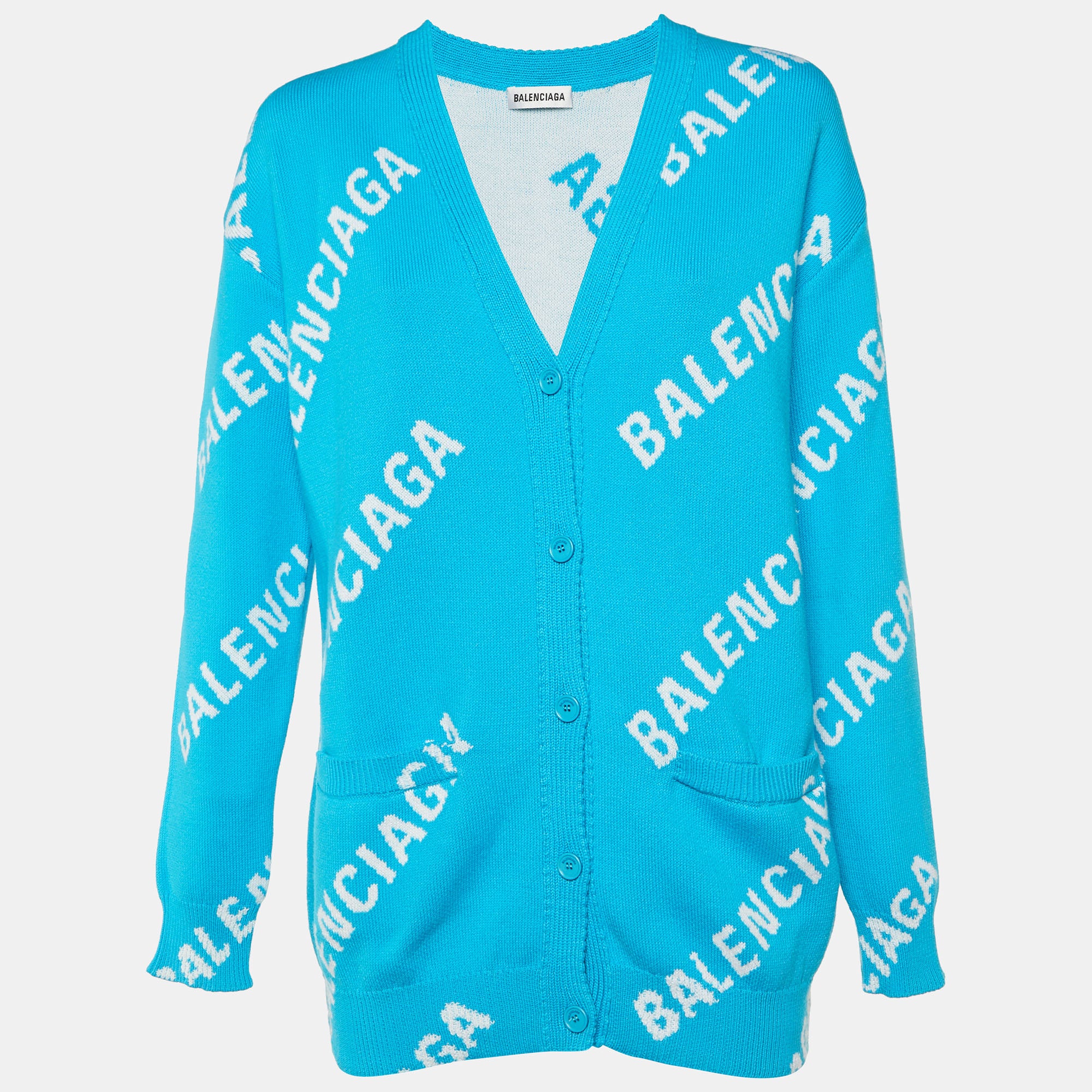 Balenciaga Blue All Over Logo Intarsia Knit Cardigan S