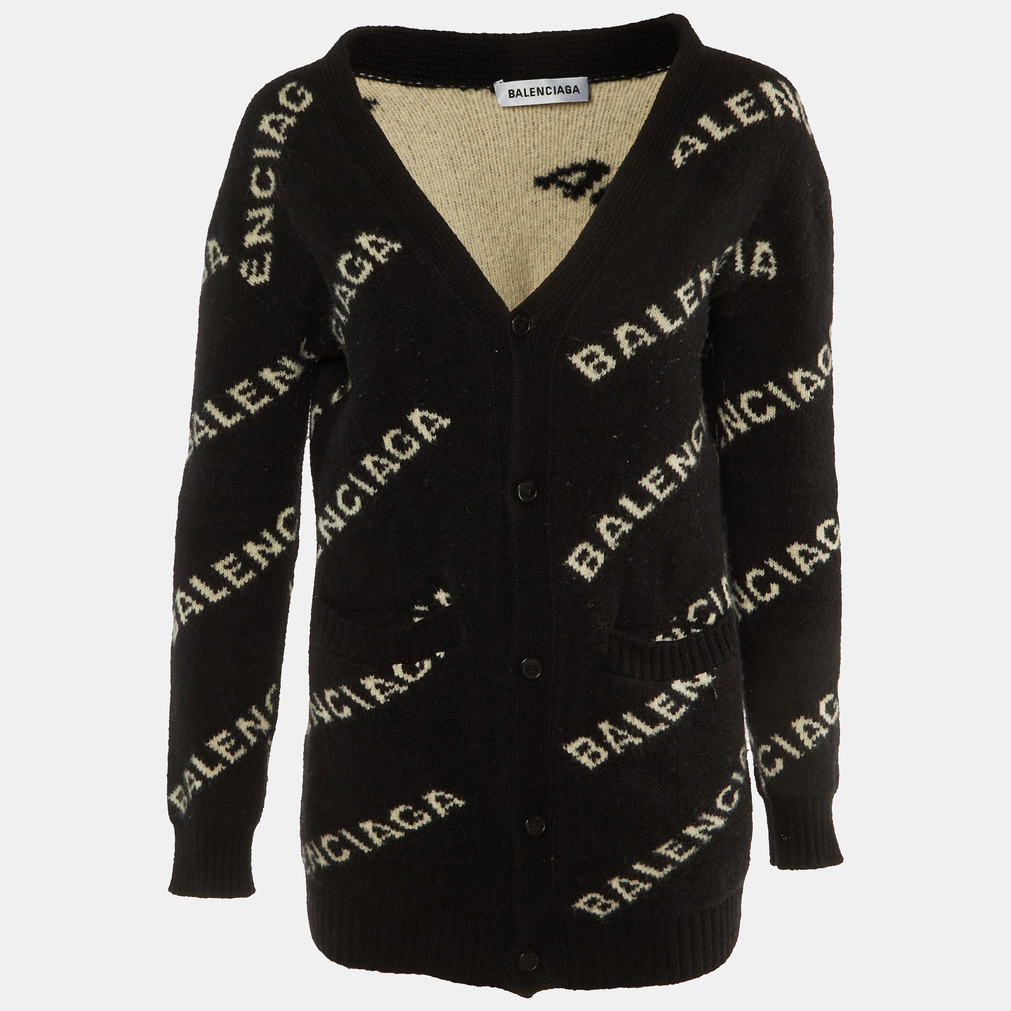 Balenciaga Black Logo Jacquard Knit Long Archetype Cardigan S