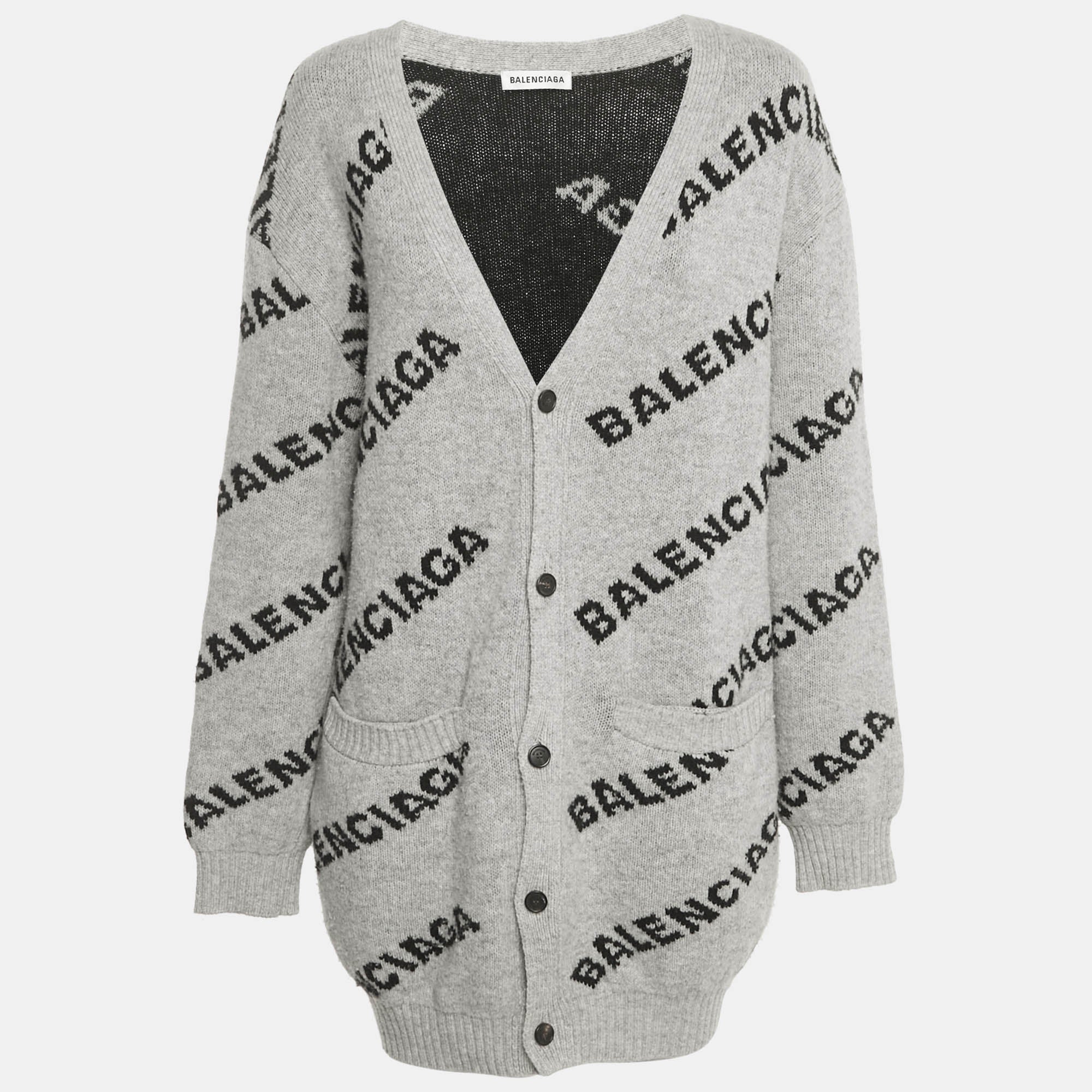 Balenciaga Grey Logo All Over Wool Knit Cardigan M