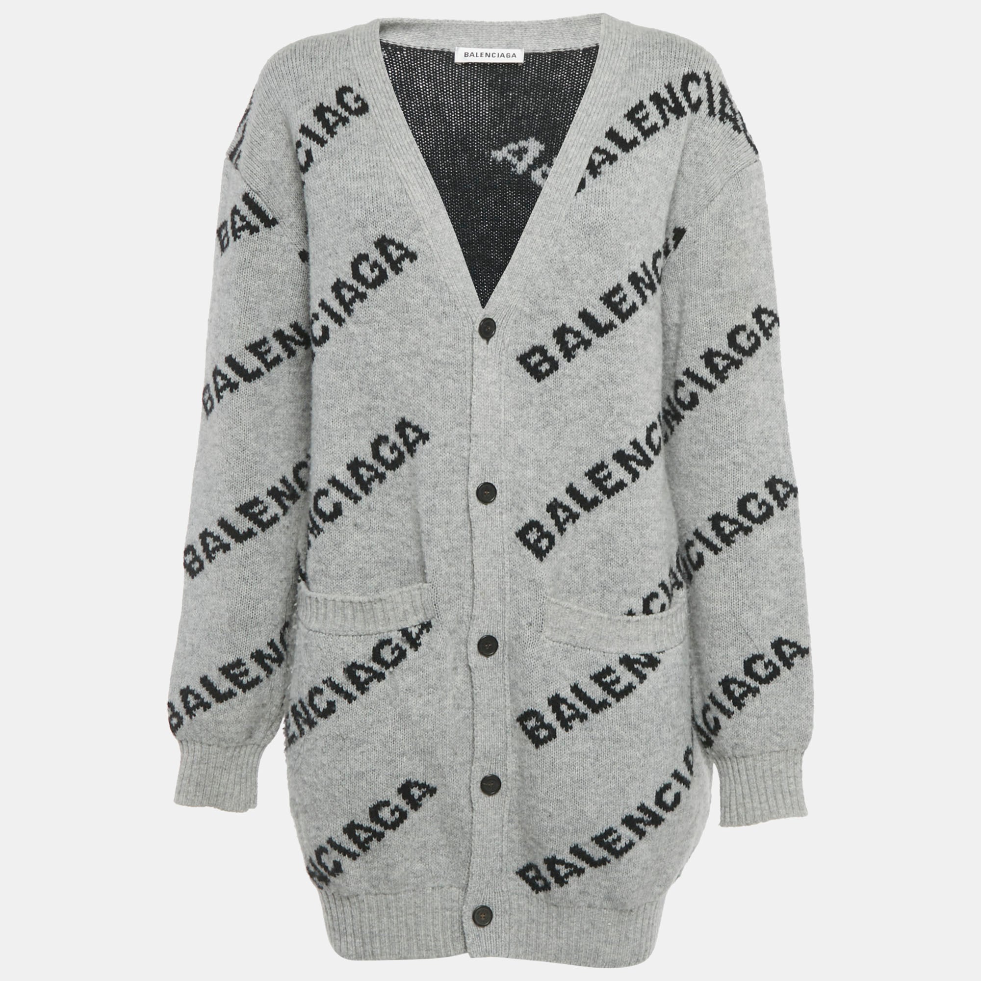 Balenciaga Grey Logo All Over Wool Knit Cardigan M