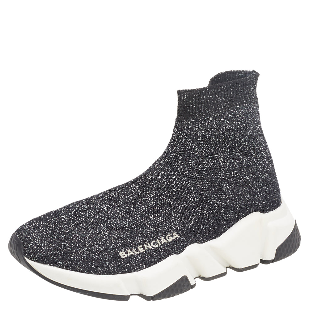 Balenciaga Black-Silver Glitter Knit Fabric Speed Trainer Sneakers Size 35