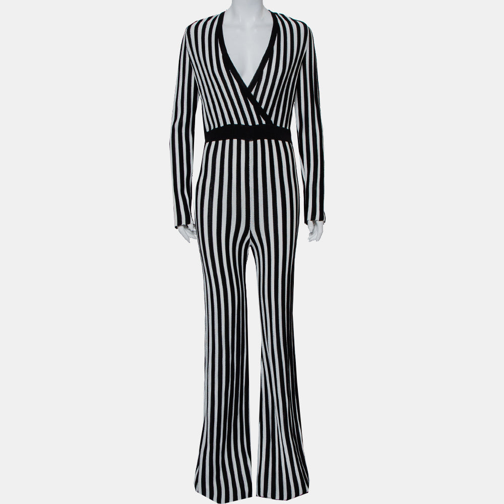 Balmain Monochrome Striped Knit Faux Wrap Jumpsuit M