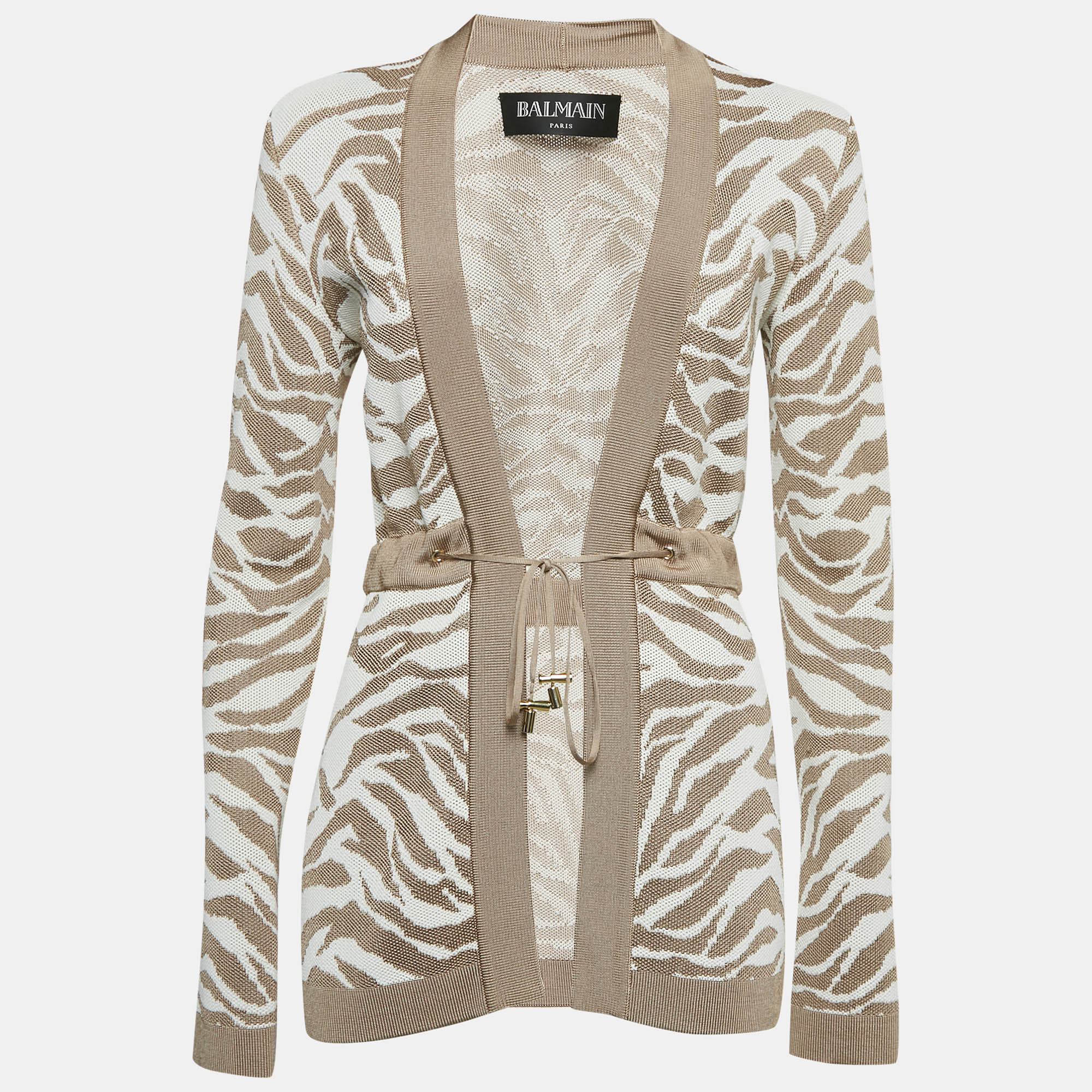 Balmain Beige-White Patterned Knit Drawstring  Cardigan S