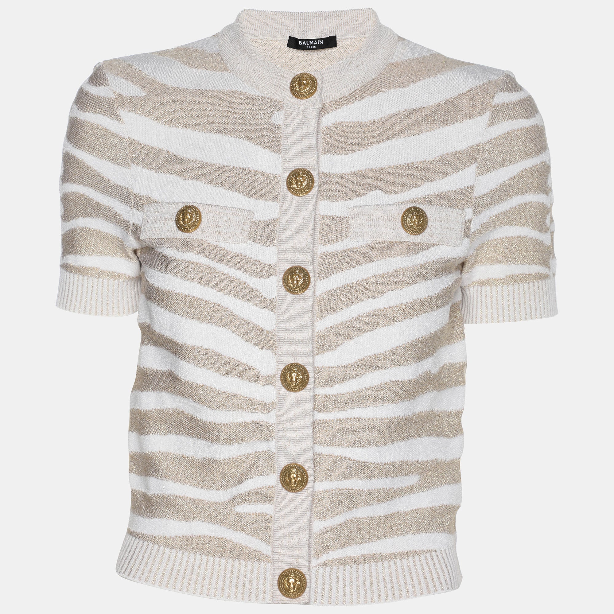 Balmain Metallic Beige Zebra Detail Stretch Knit Cardigan S