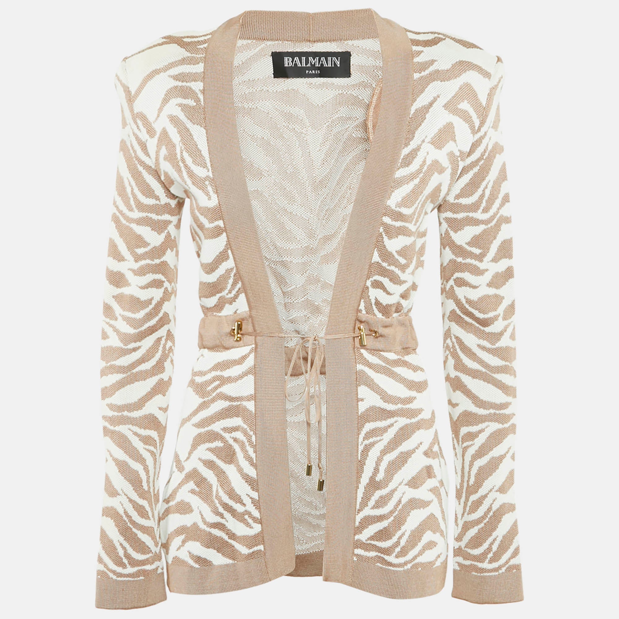 Balmain Beige-White Zebra Pattern Jacquard Knit Drawstring Detail Cardigan S