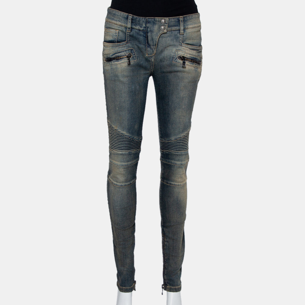 Balmain Blue Denim Quilted Detail Faded Effect Biker Jeans M