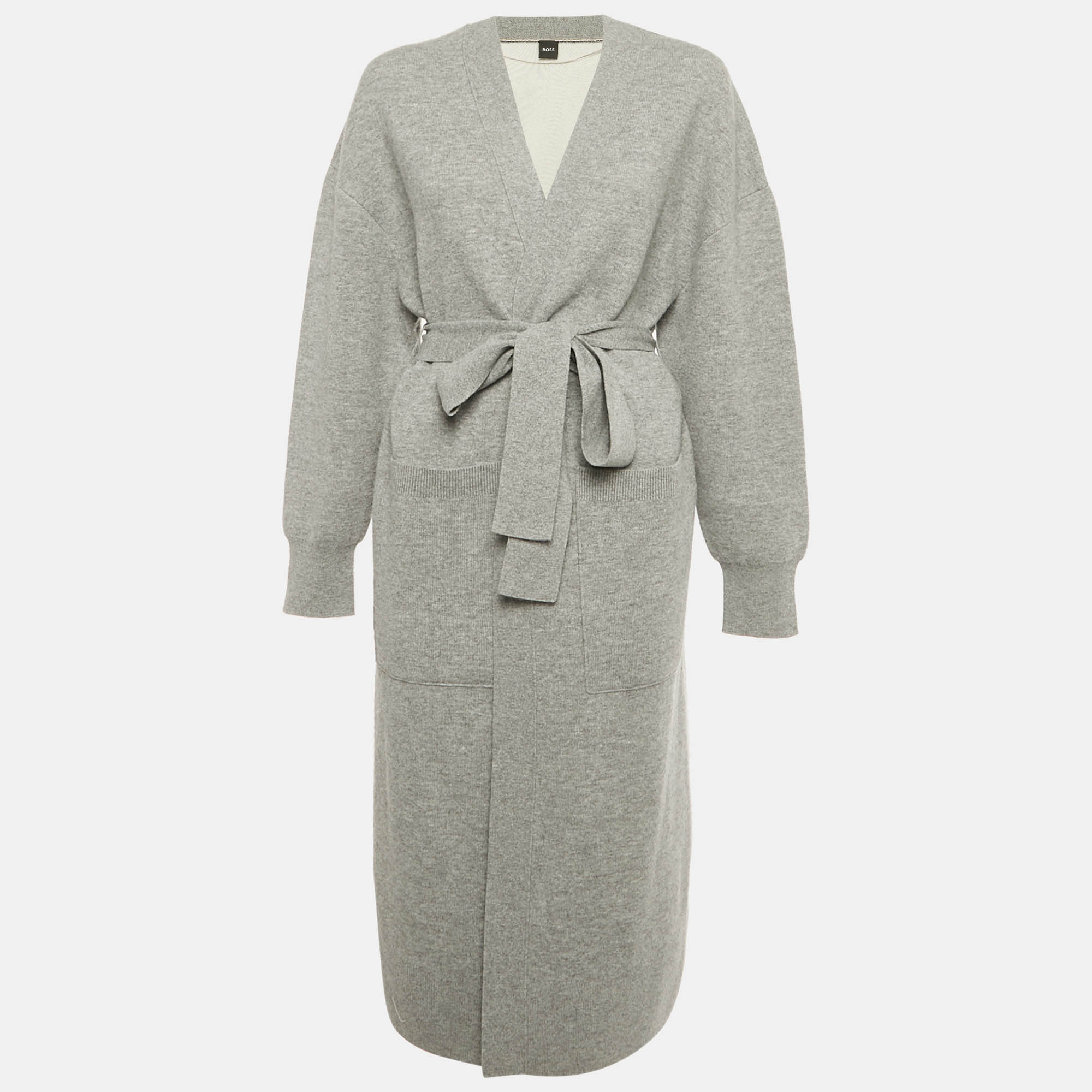 Boss By Hugo Boss Grey Wool Knit Belted Febrana Cardigan L