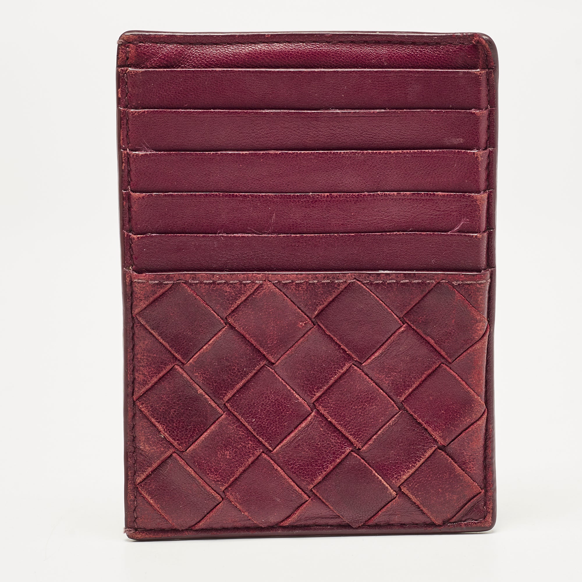 Bottega Veneta Burgundy Intrecciato Leather Zip Card Holder