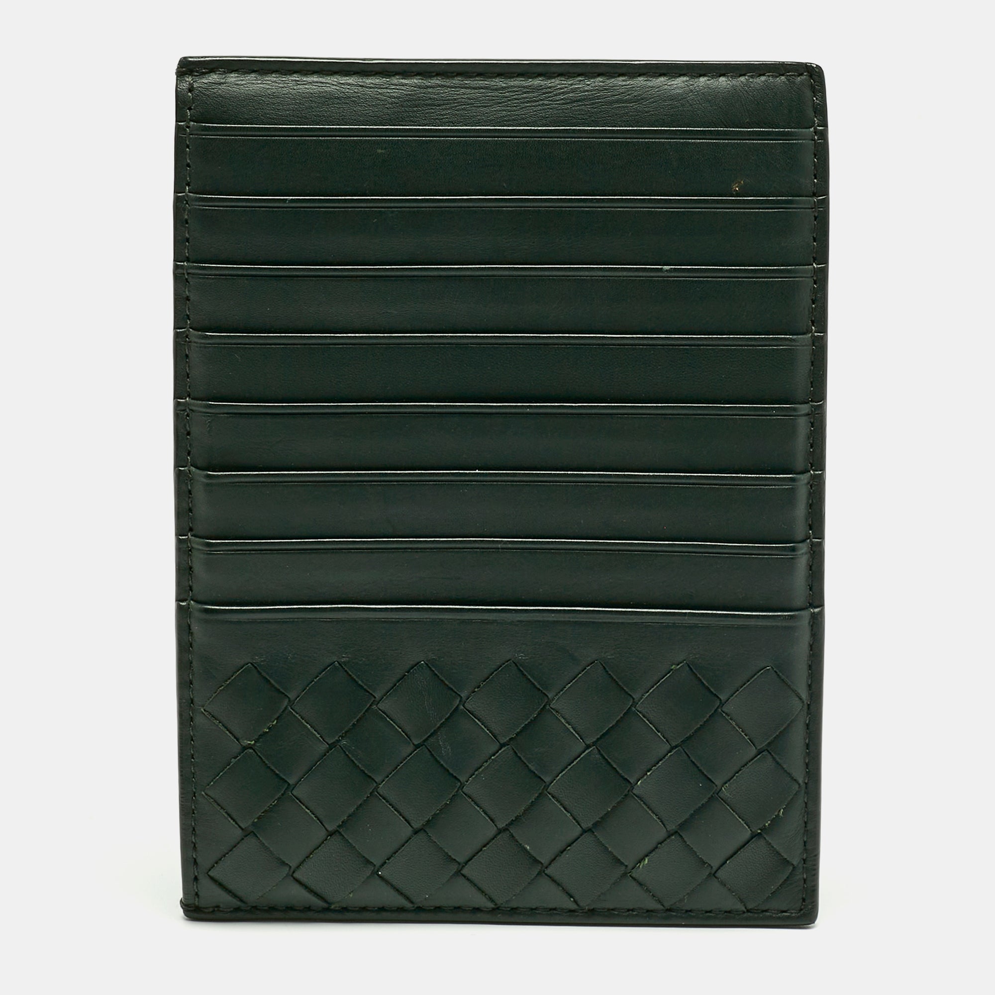 Bottega Veneta Dark Green Leather Zip Card Holder