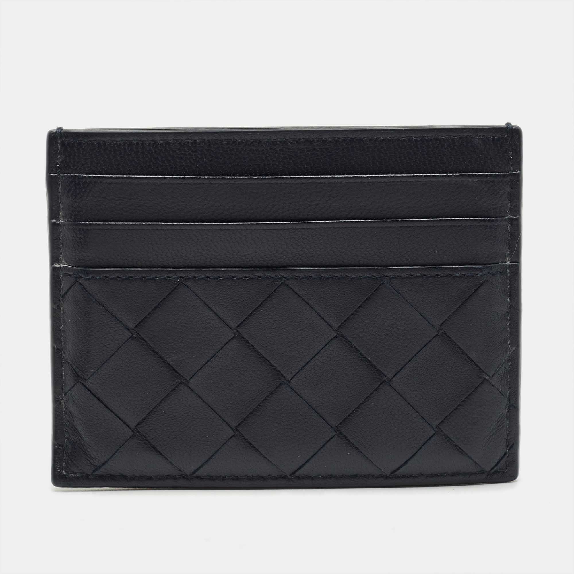 Bottega Veneta Navy Blue Intrecciato Leather Card Holder