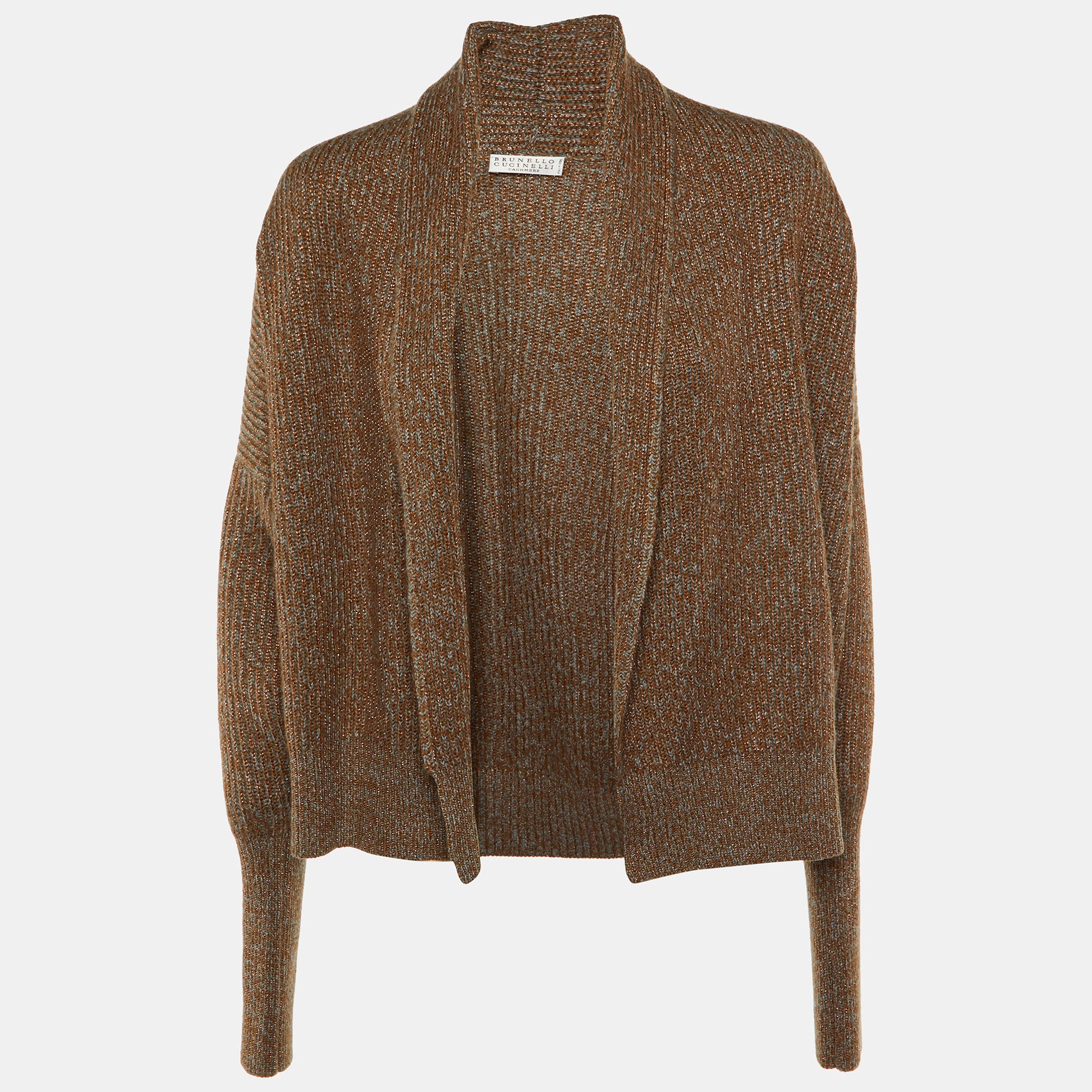 Brunello Cucinelli Grey-Metallic Wool Knit Open Front Cardigan S